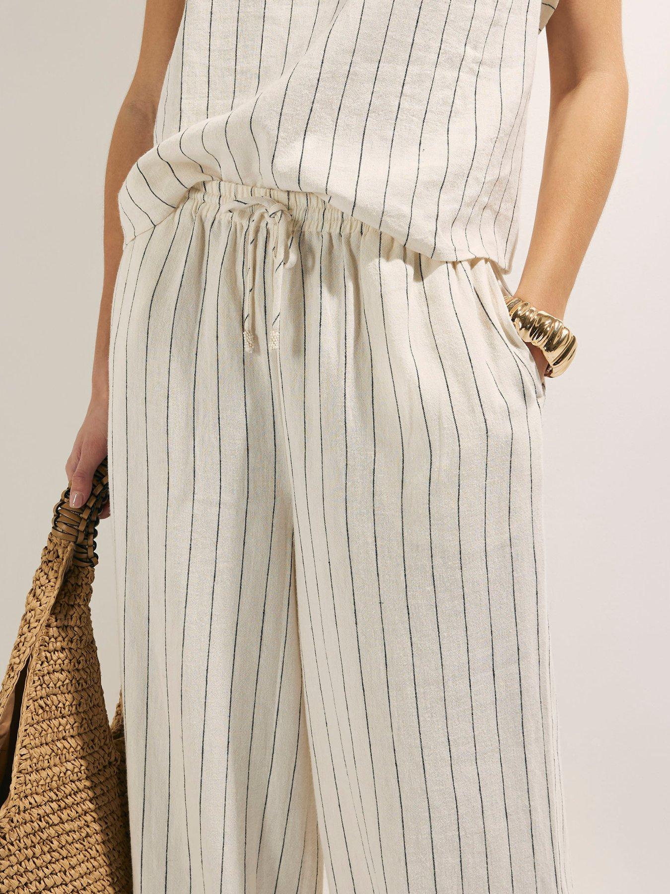 Image 4 of 4 of River Island Linen Blend Striped Trousers - Beige