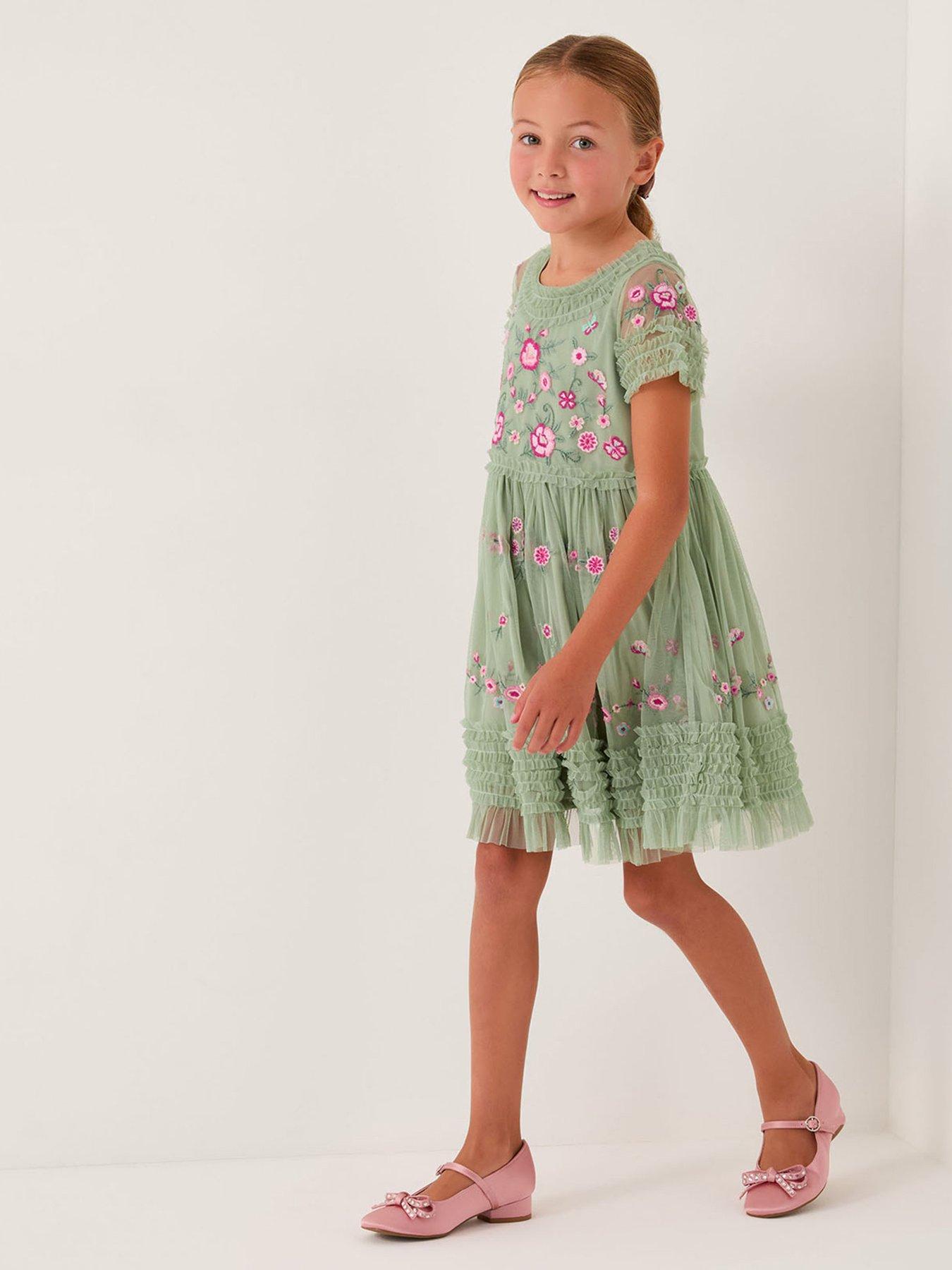 Monsoon Girls Botanical Mesh Dress - Green