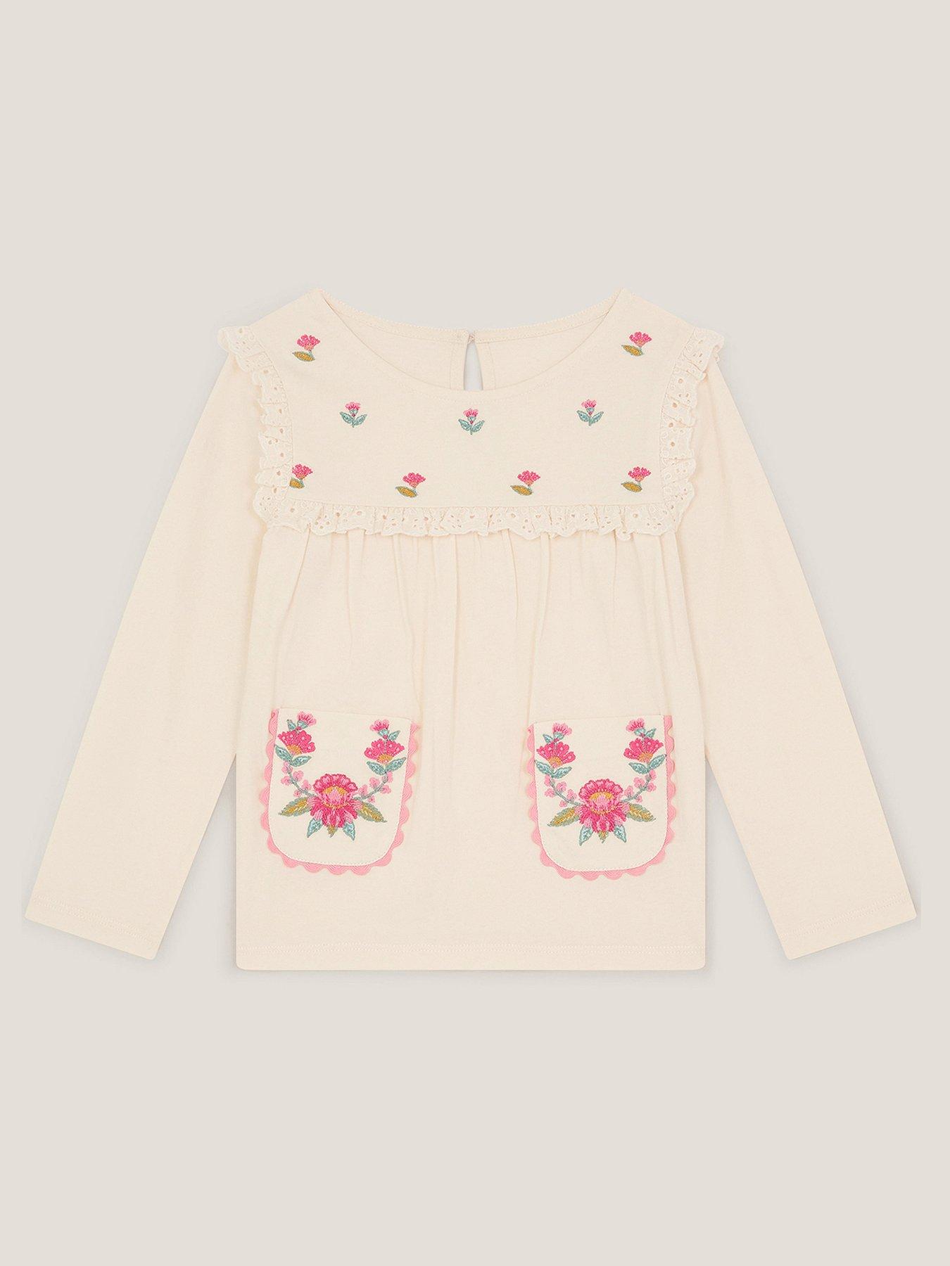Image 1 of 3 of Monsoon Girls Long Sleeve Embroidered Yoke Pocket Tshirt - Light Cream