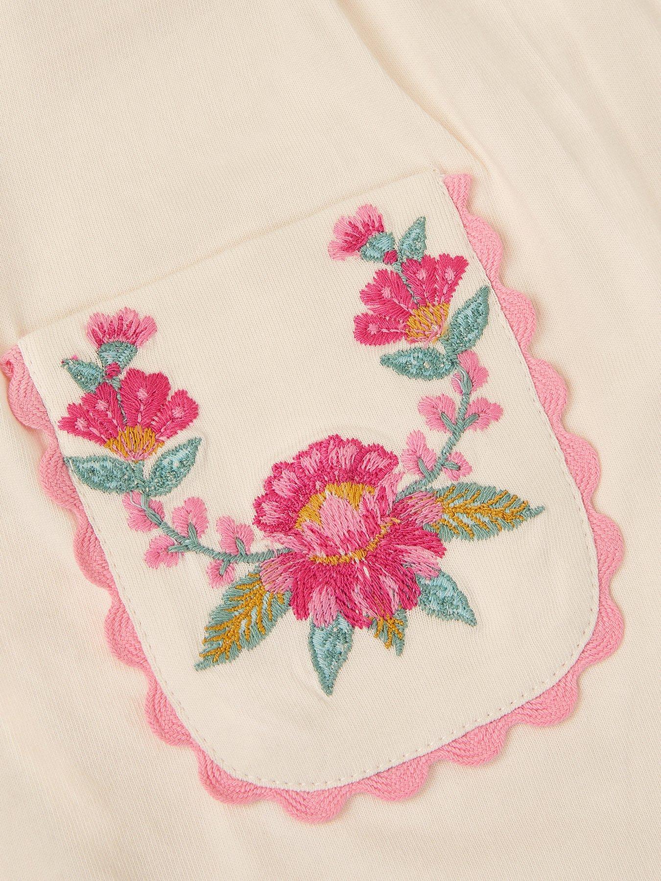Image 3 of 3 of Monsoon Girls Long Sleeve Embroidered Yoke Pocket Tshirt - Light Cream