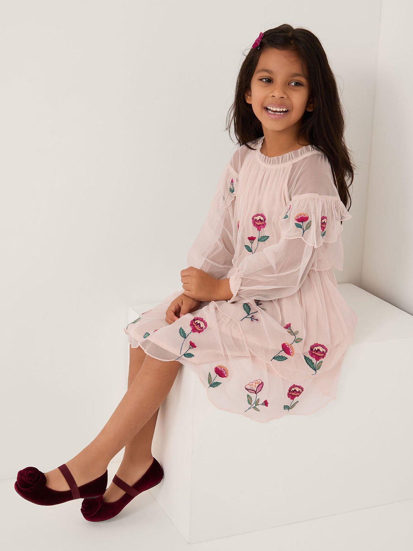 Monsoon Girls Long Sleeve Mesh Scallop Embroidered Dress - Cream