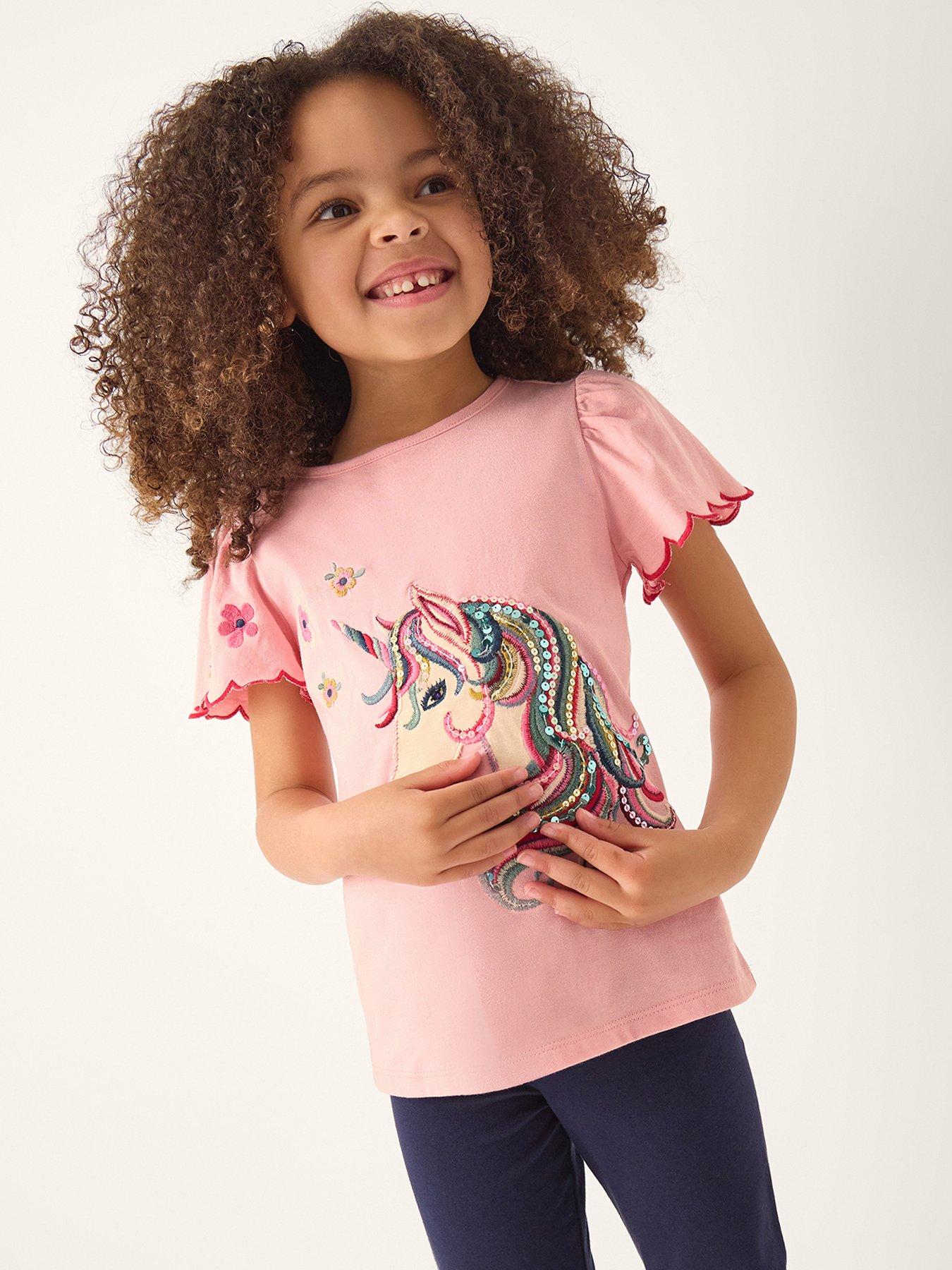 Image 1 of 4 of Monsoon Girls Short Sleeve Craft Sequin Unicorn Tshirt - Pink