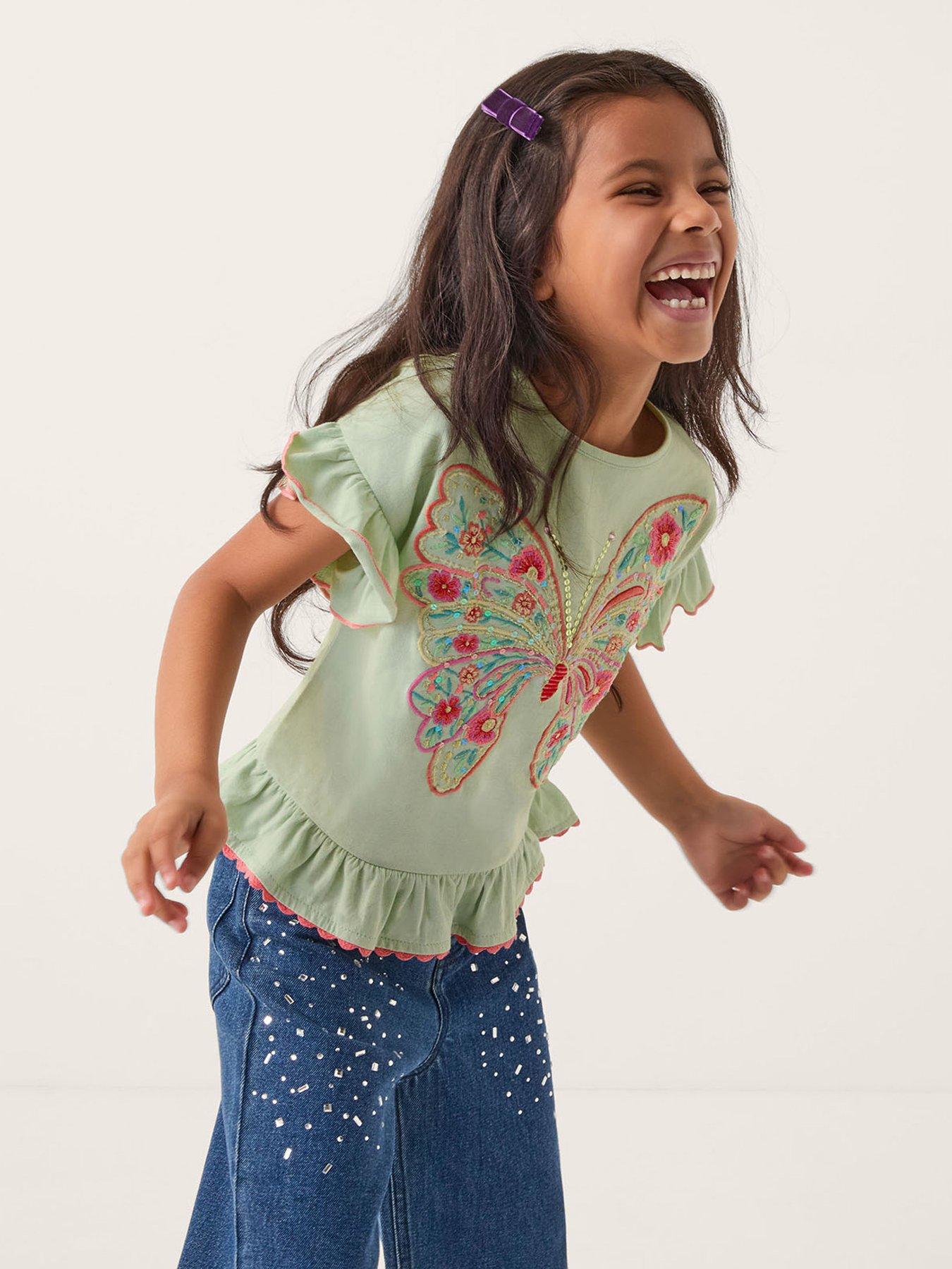 Image 1 of 4 of Monsoon Girls Short Sleeve Butterfly Embroidered Tshirt - Green