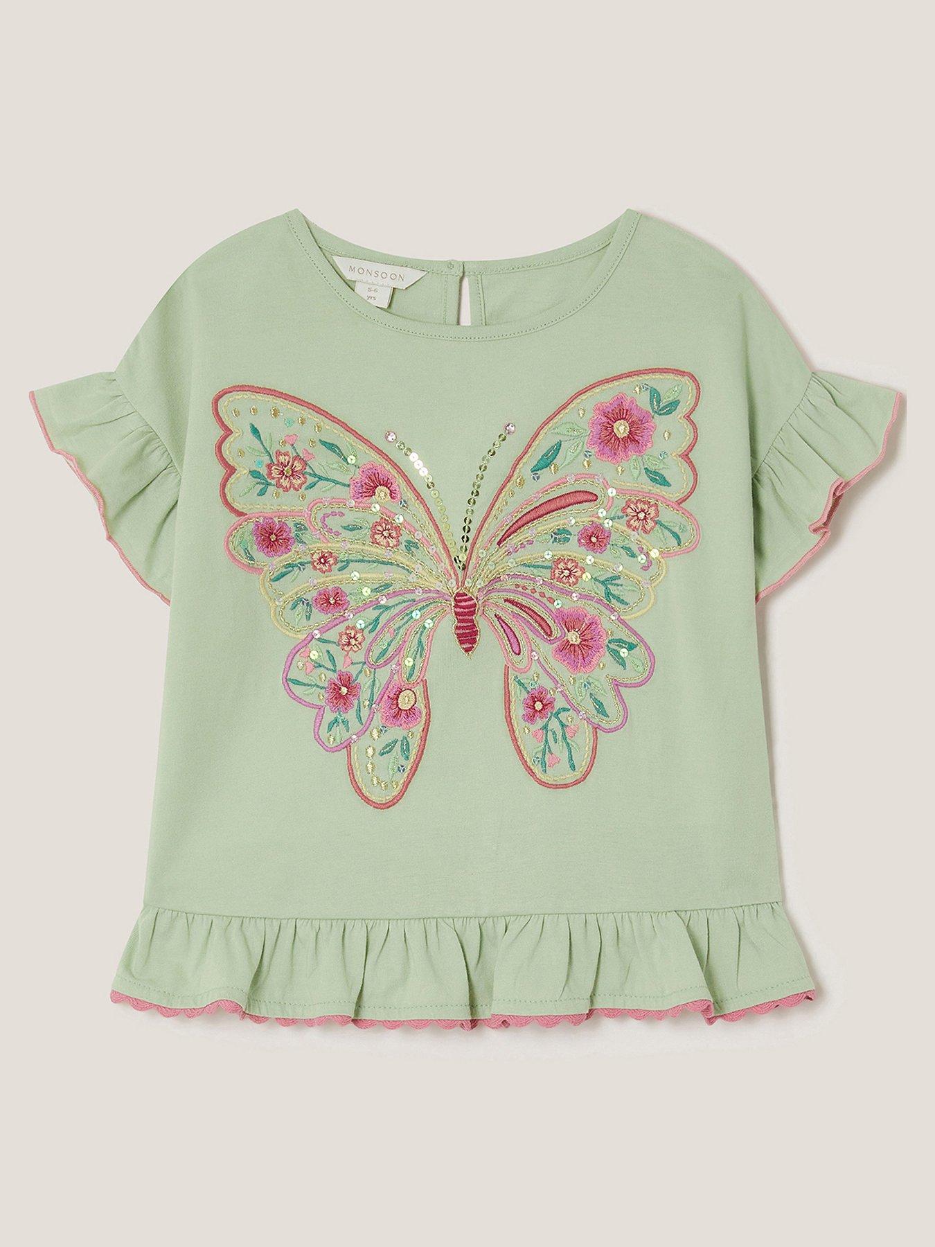 Image 2 of 4 of Monsoon Girls Short Sleeve Butterfly Embroidered Tshirt - Green