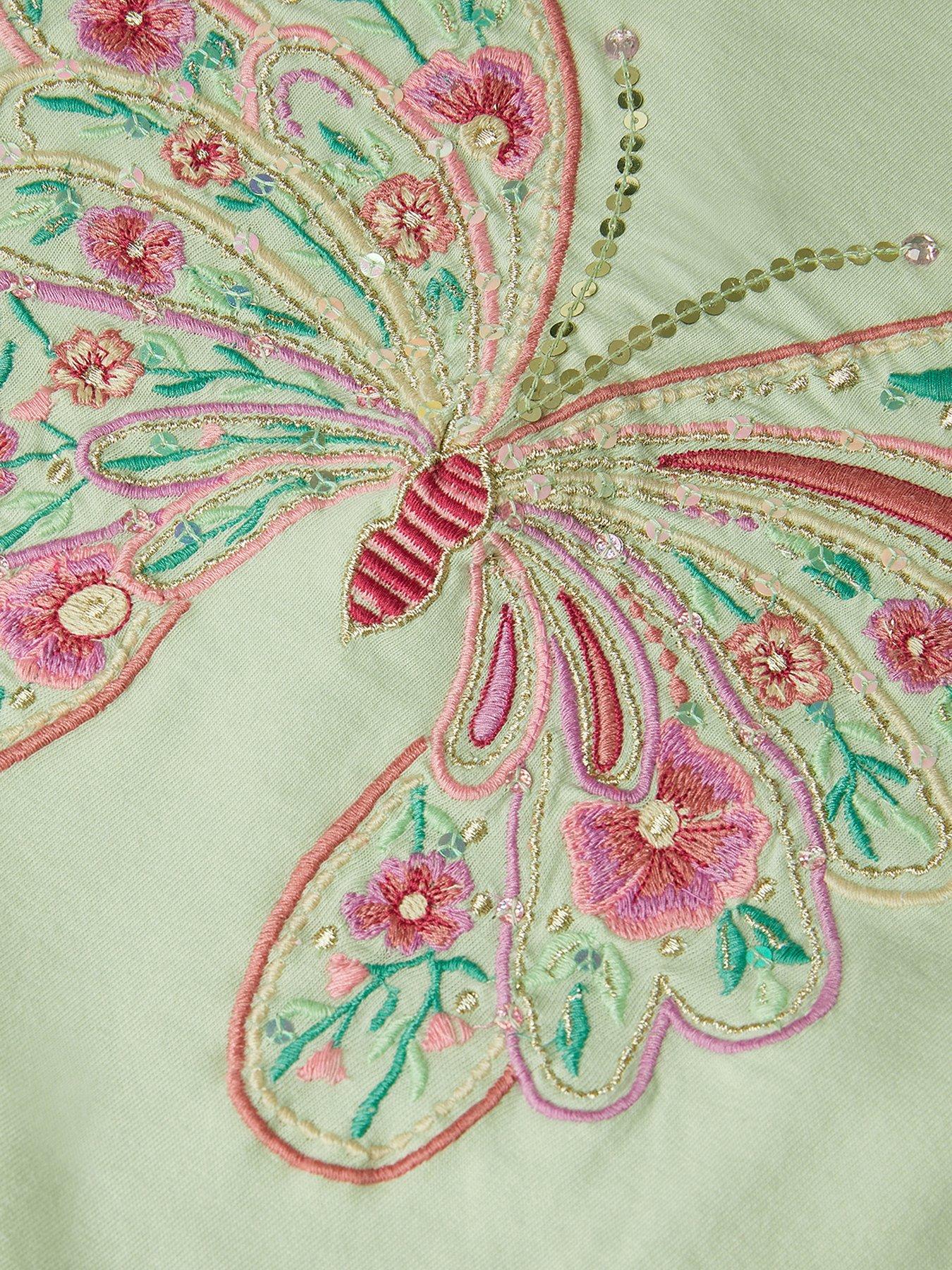 Image 4 of 4 of Monsoon Girls Short Sleeve Butterfly Embroidered Tshirt - Green