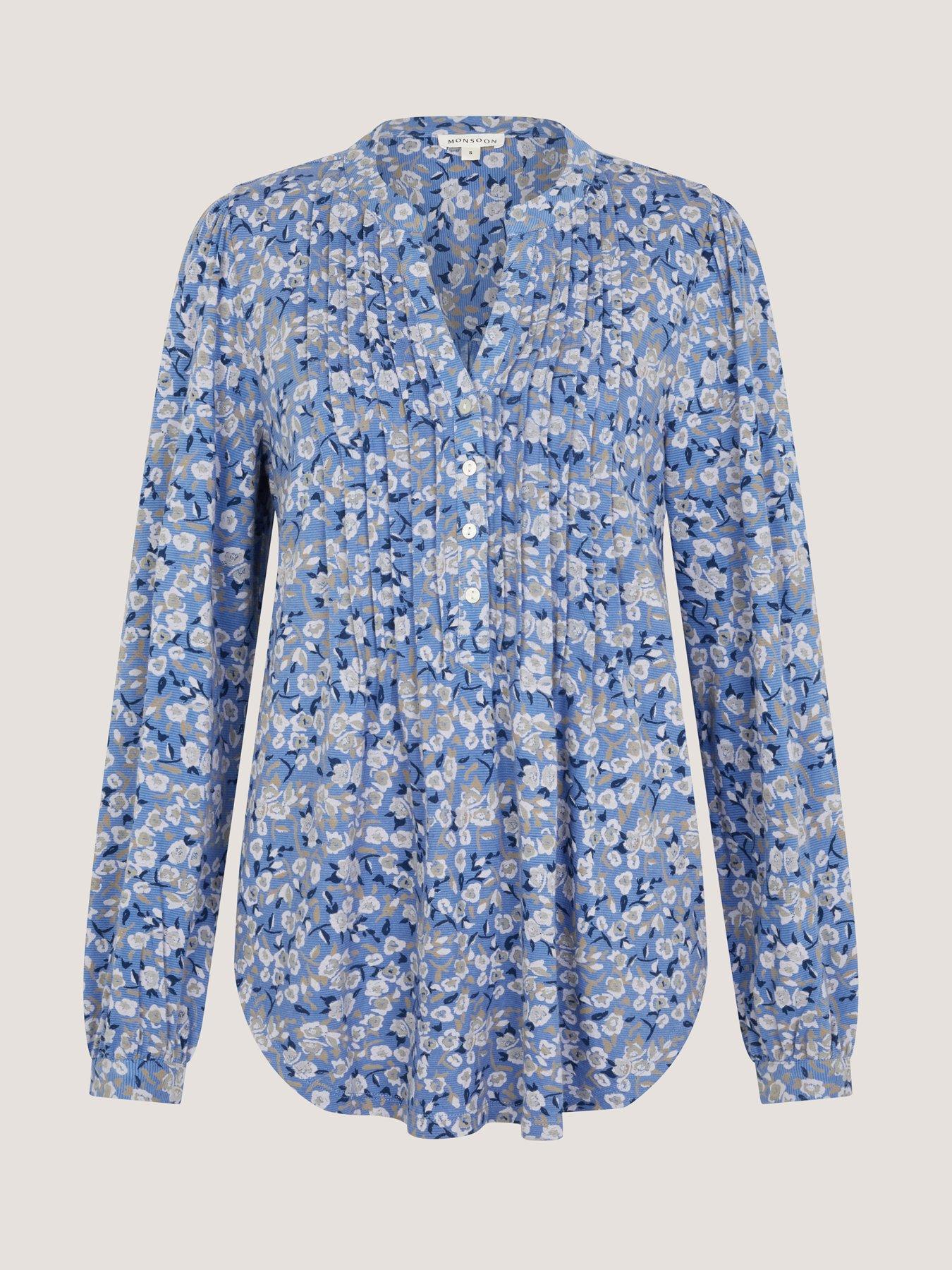 Image 1 of 5 of Monsoon Nina Print Jersey Top - Blue
