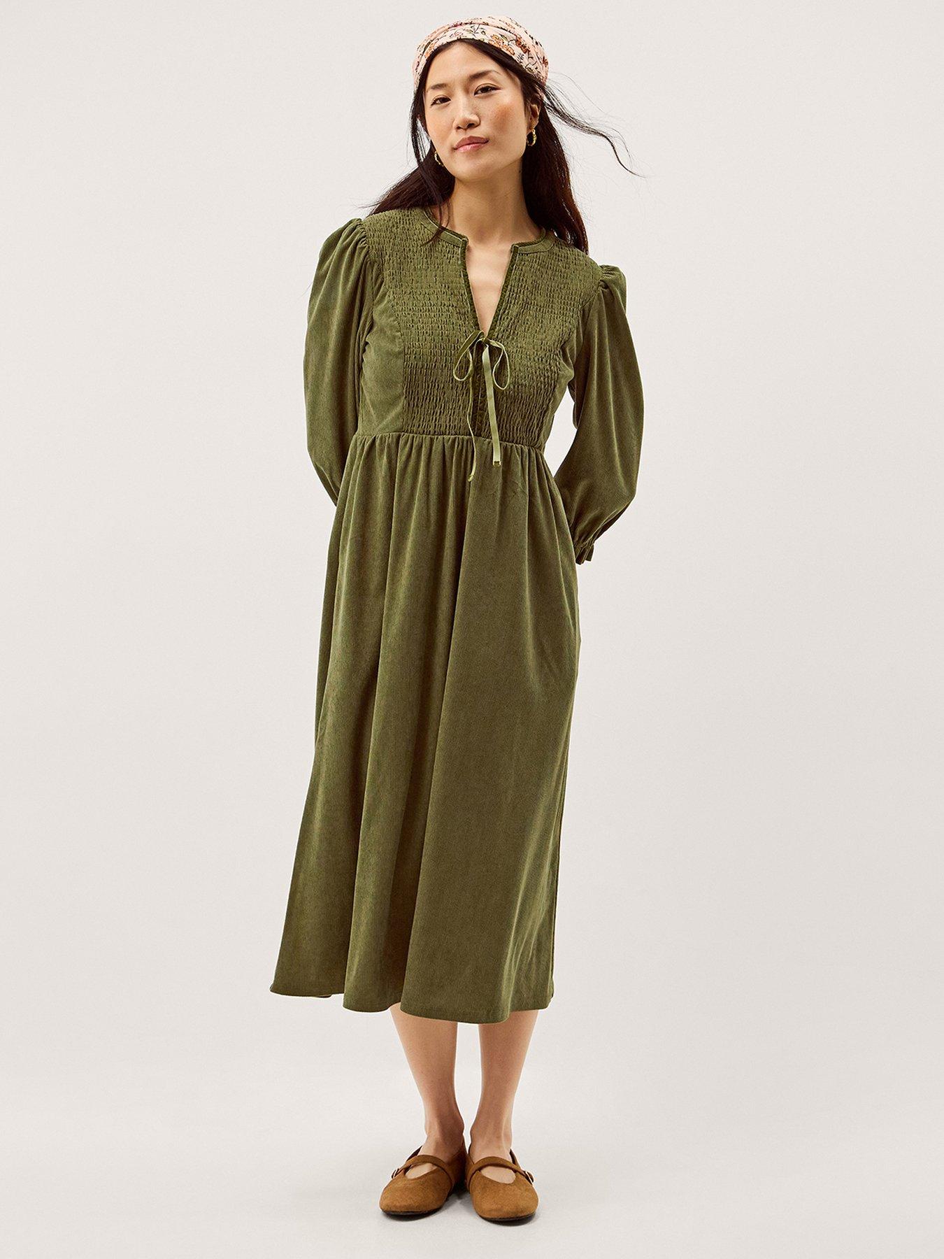 Monsoon Sara Smocked Corduroy Midi Dress Green - Green