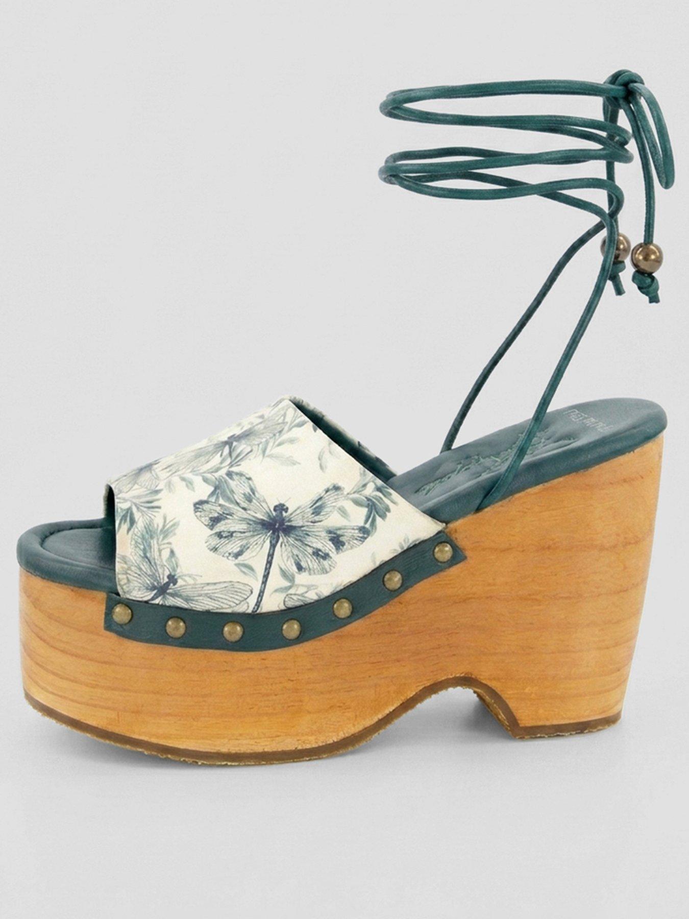 FREE PEOPLE Front Row Wrap Dragonfly Print Clogs - Blue