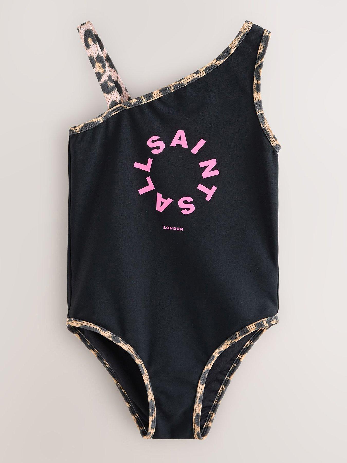 smALLSAINTS Older Girls Leopard Print Trim Logo Swimsuit - Black