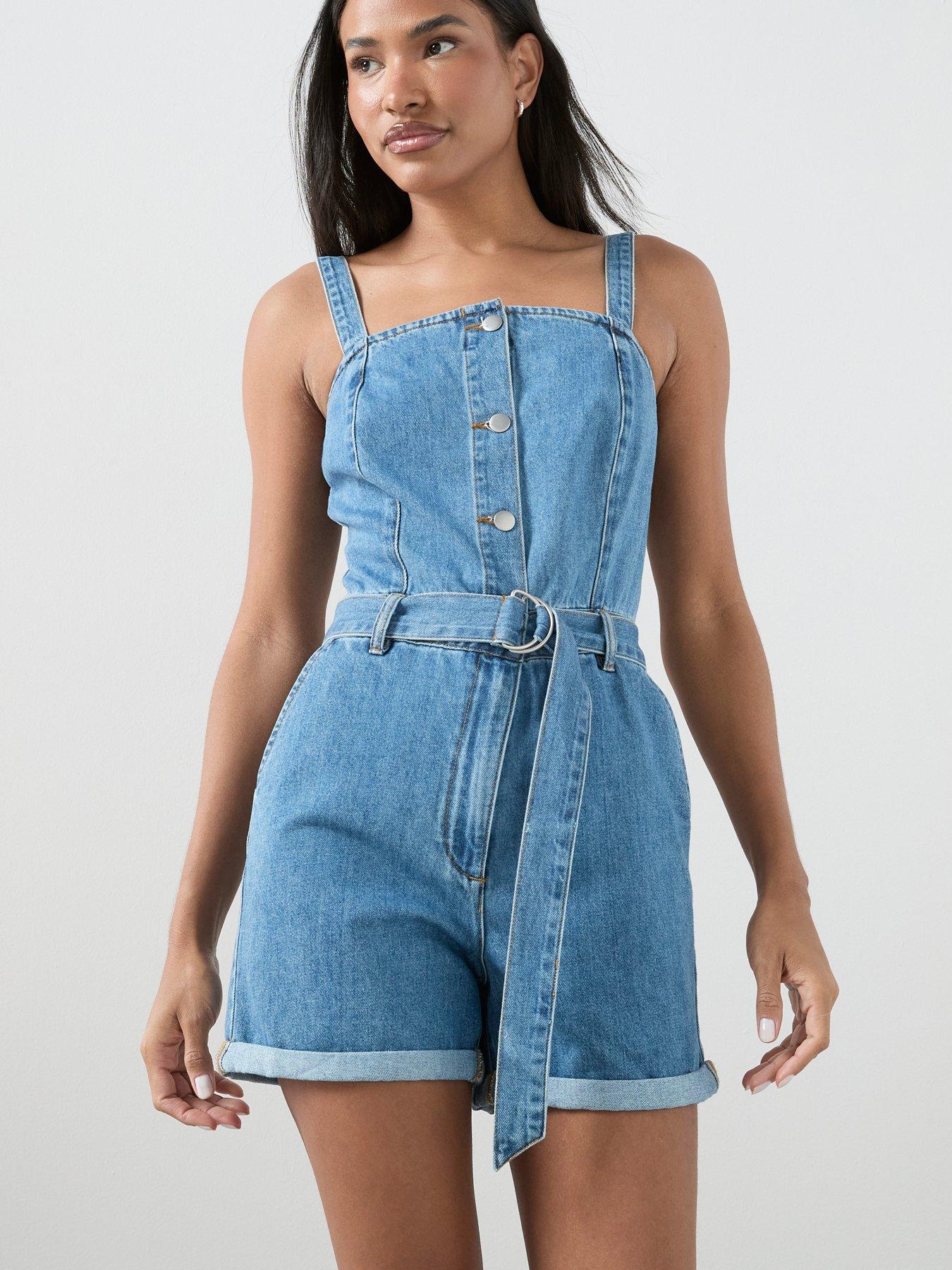 The Very Collection Denim Button Through Playsuit - Dark Wash