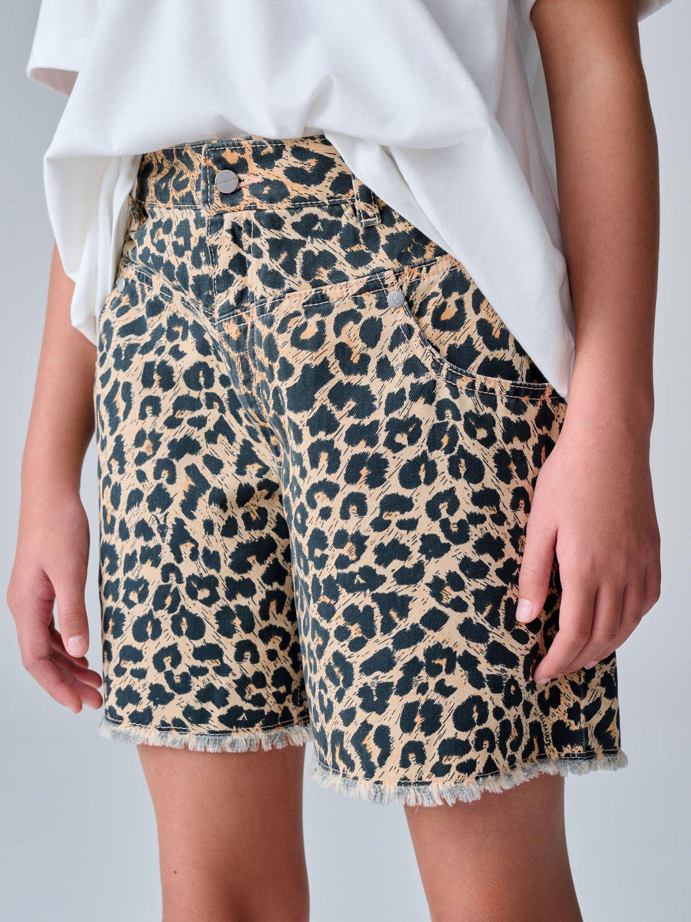 Image 1 of 7 of smALLSAINTS Older Girls Leopard Denim Shorts - Brown
