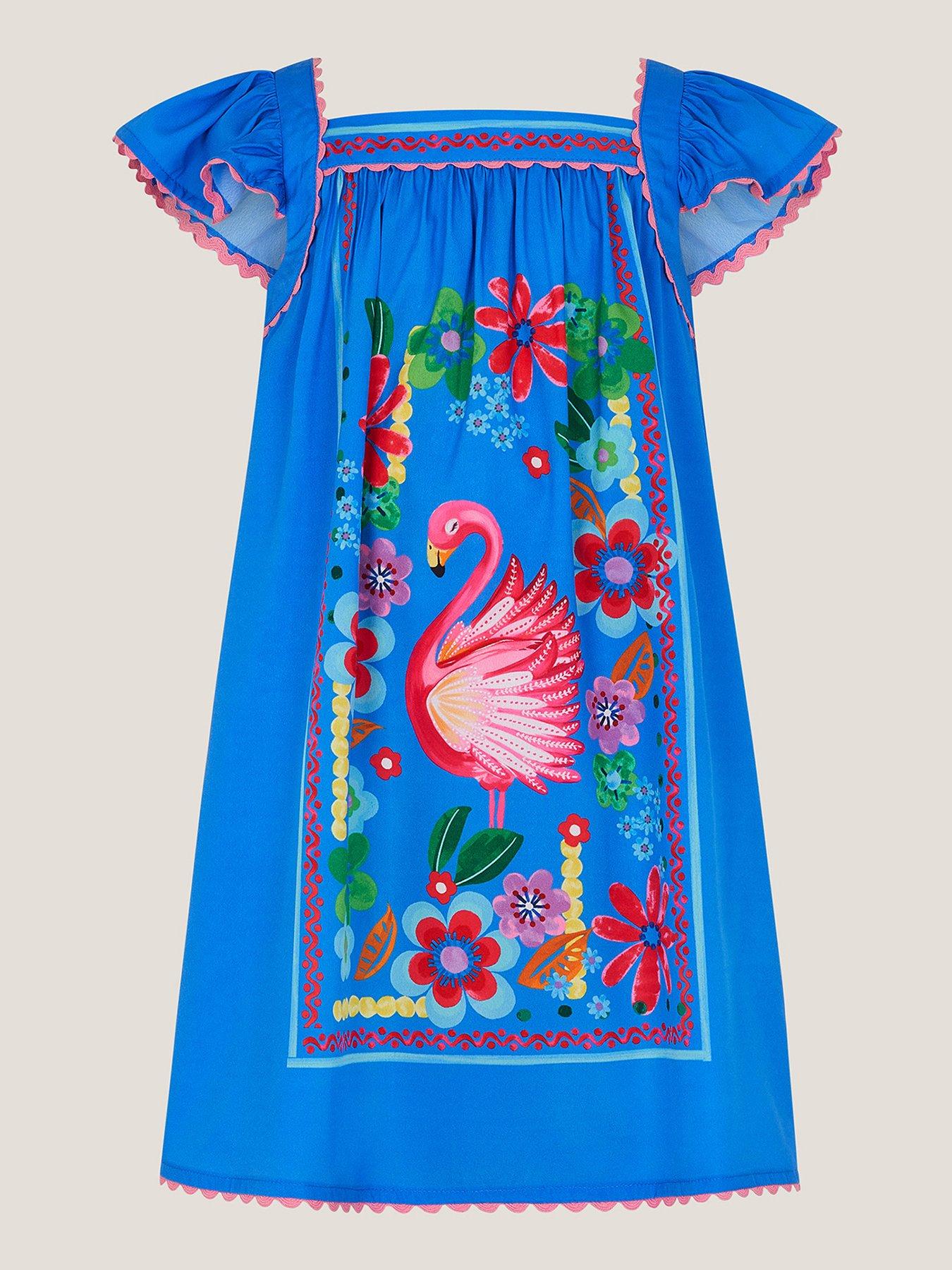 Monsoon Girls Flamingo Border Dress - Blue