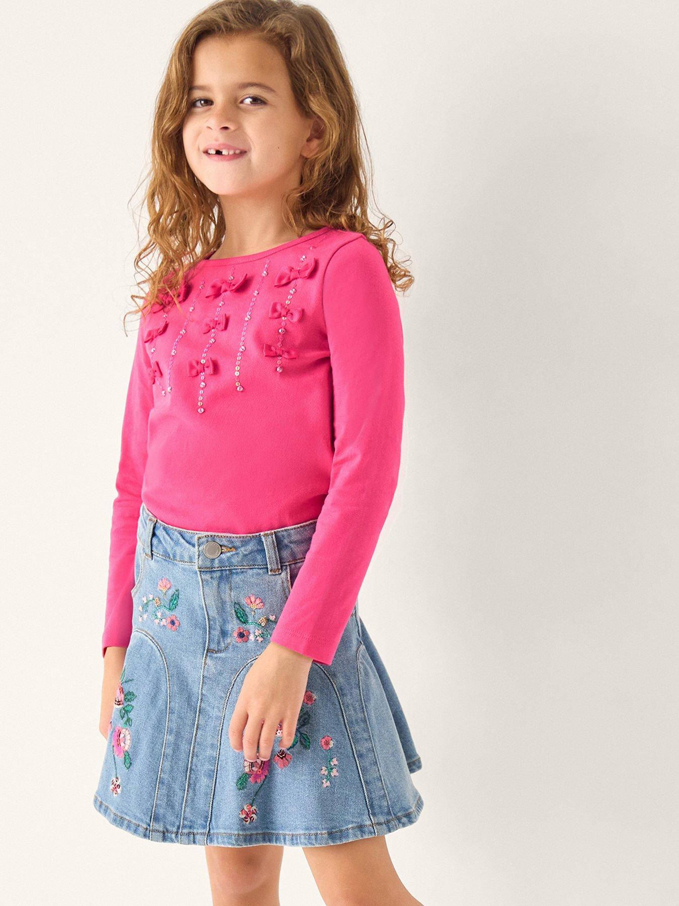 Monsoon Girls Denim Embroidered Godet Skirt - Blue