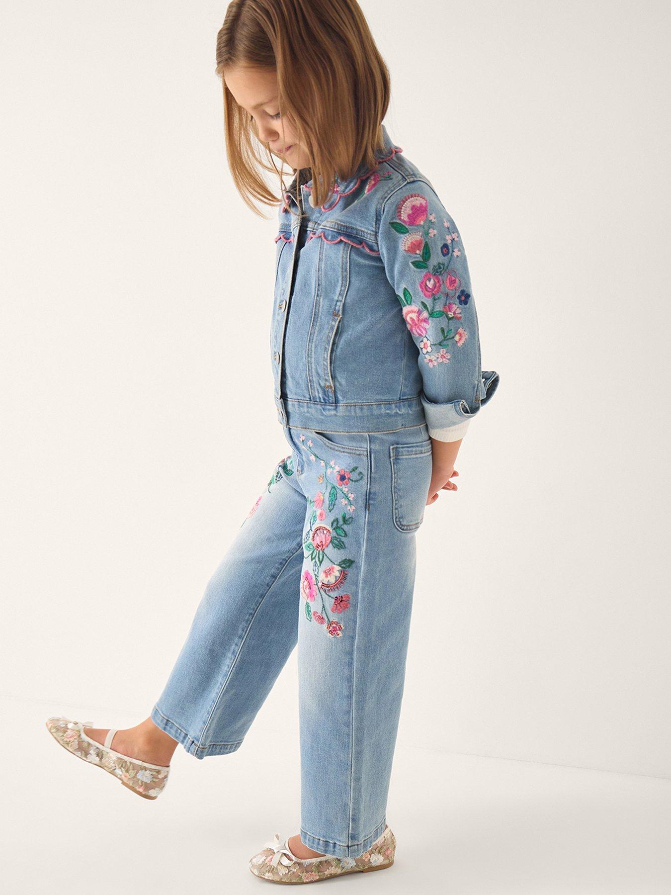 Monsoon Girls Frill Sequin Embroidered Wide Jeans - Blue