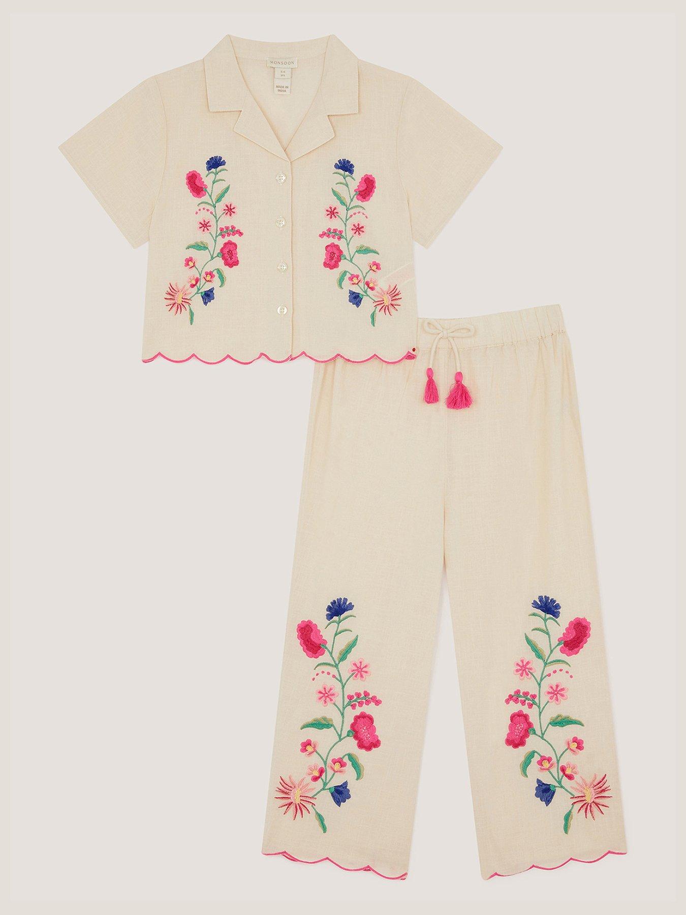 Monsoon Girls Embroidered Trouser Set - White