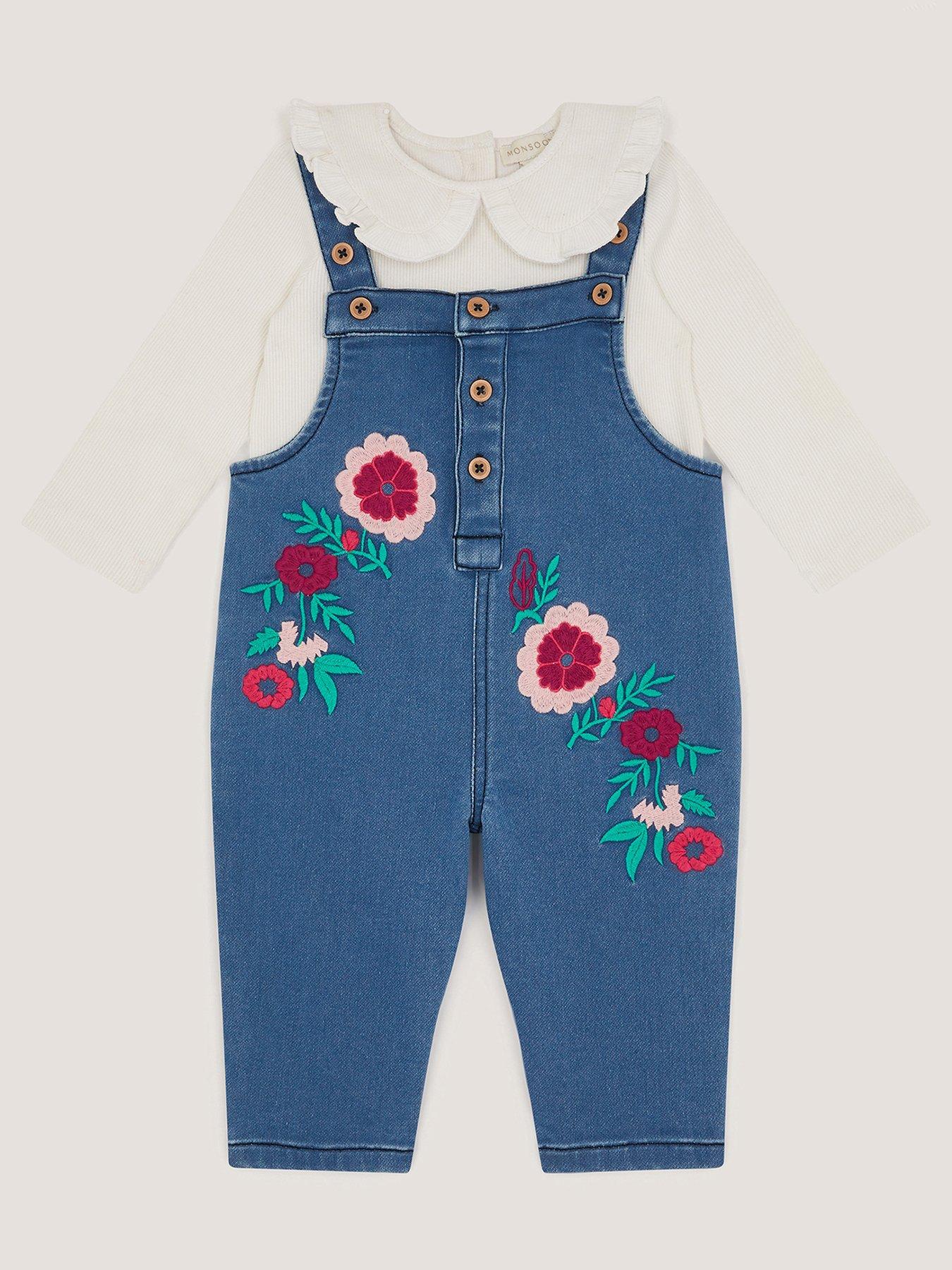 Monsoon Baby Girls Denim Dungarees  &  Rib Tshirt - Blue