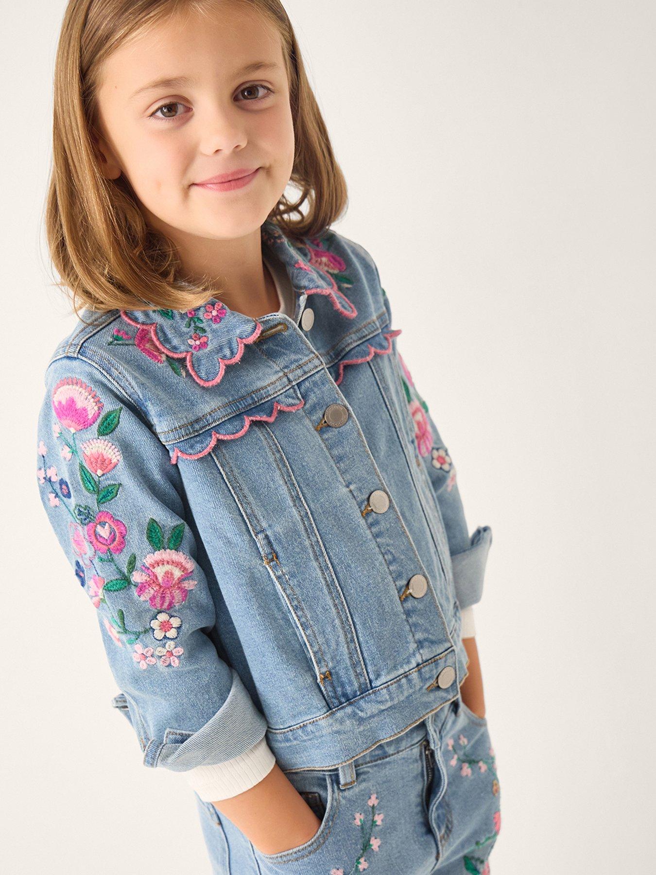 Monsoon Girls Floral Seqiun Embroidered Denim Jacket - Blue