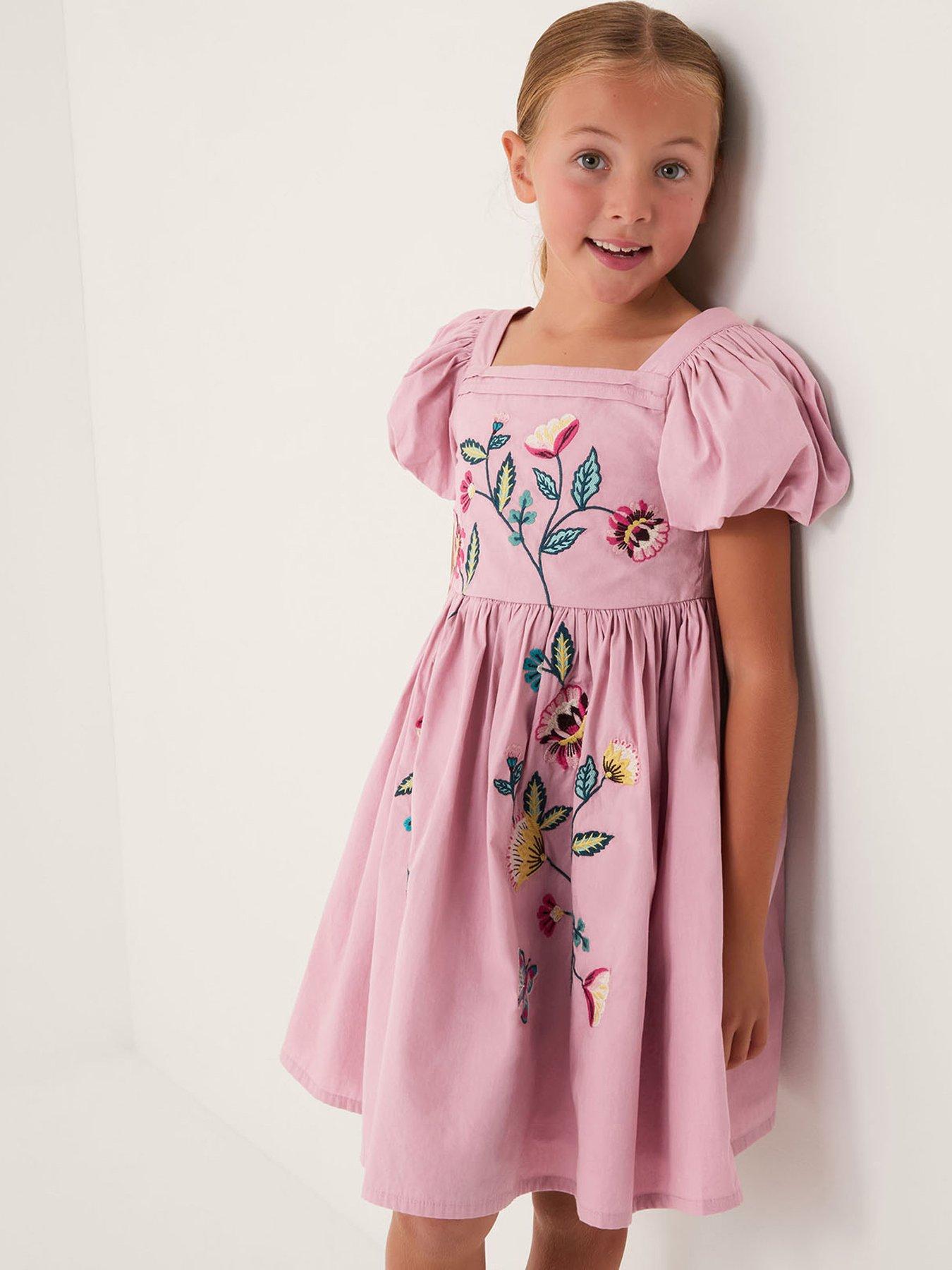 Monsoon Girls Pleated Embroidered Cotton Dress - Light Purple
