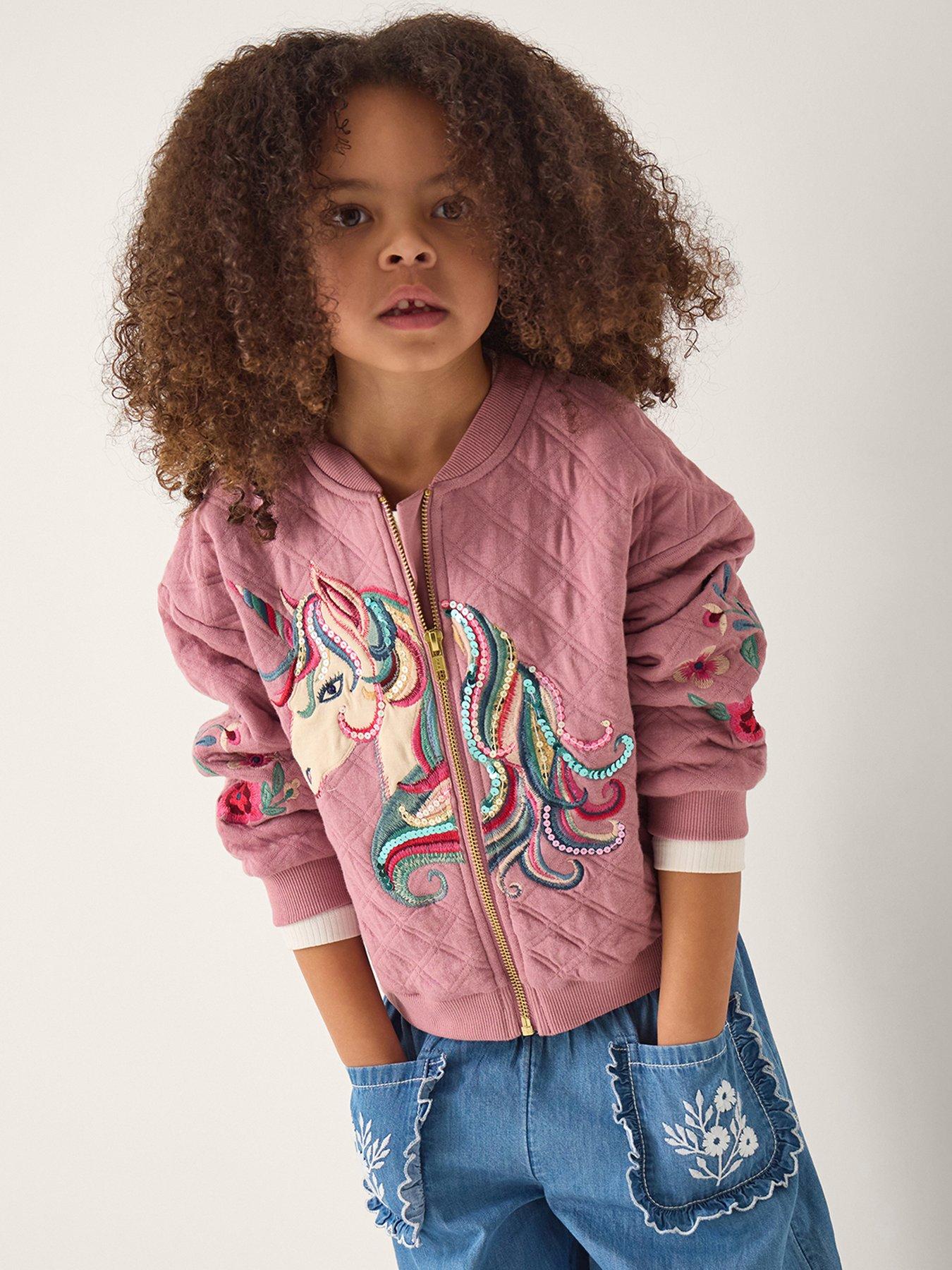 Monsoon Girls Unicorn Quilted Drop Shoulder Bomber Jacket - Pink