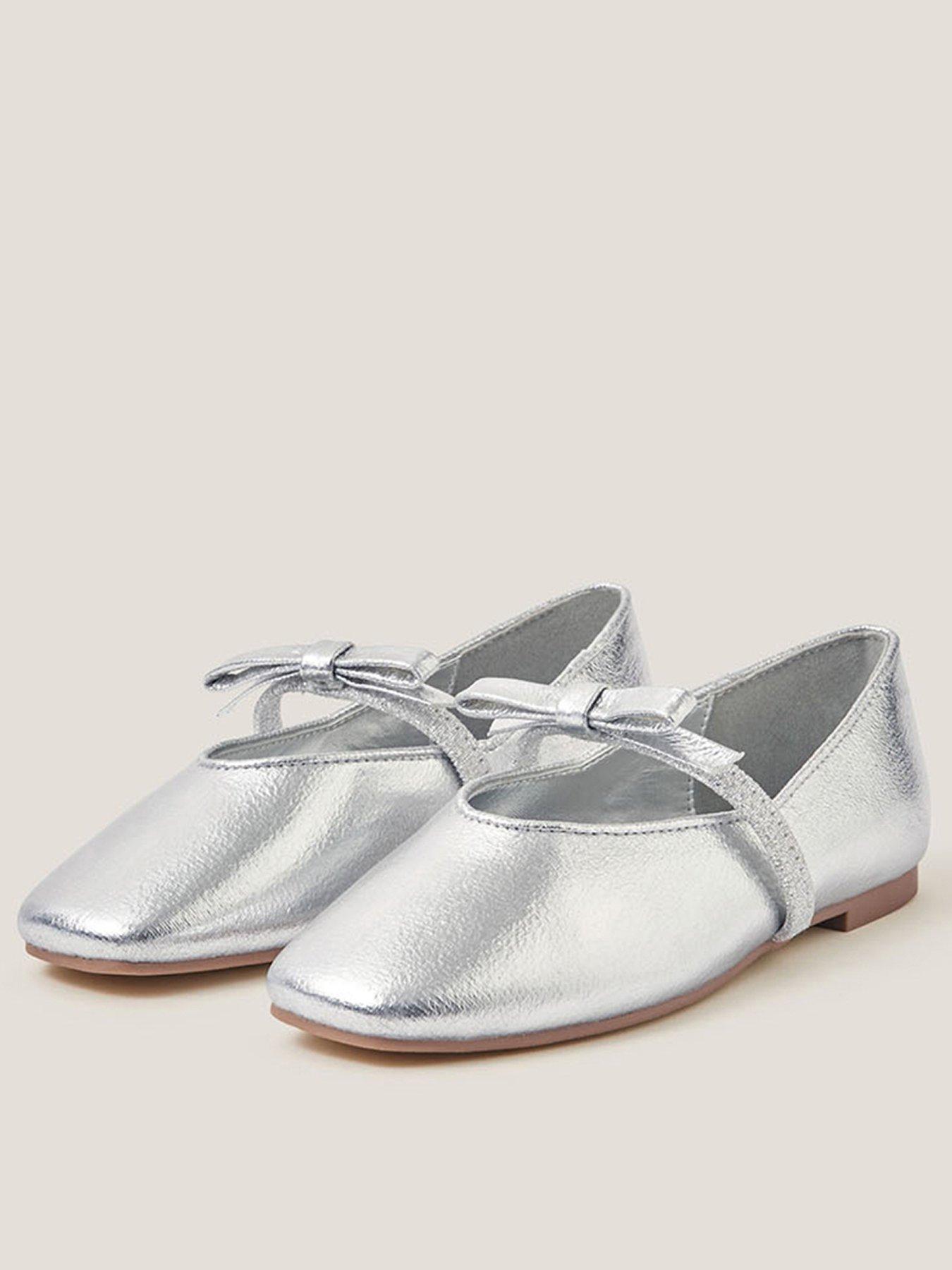 Image 1 of 3 of Monsoon Girls Metallic Patent Bow Flat Shoes - Silver