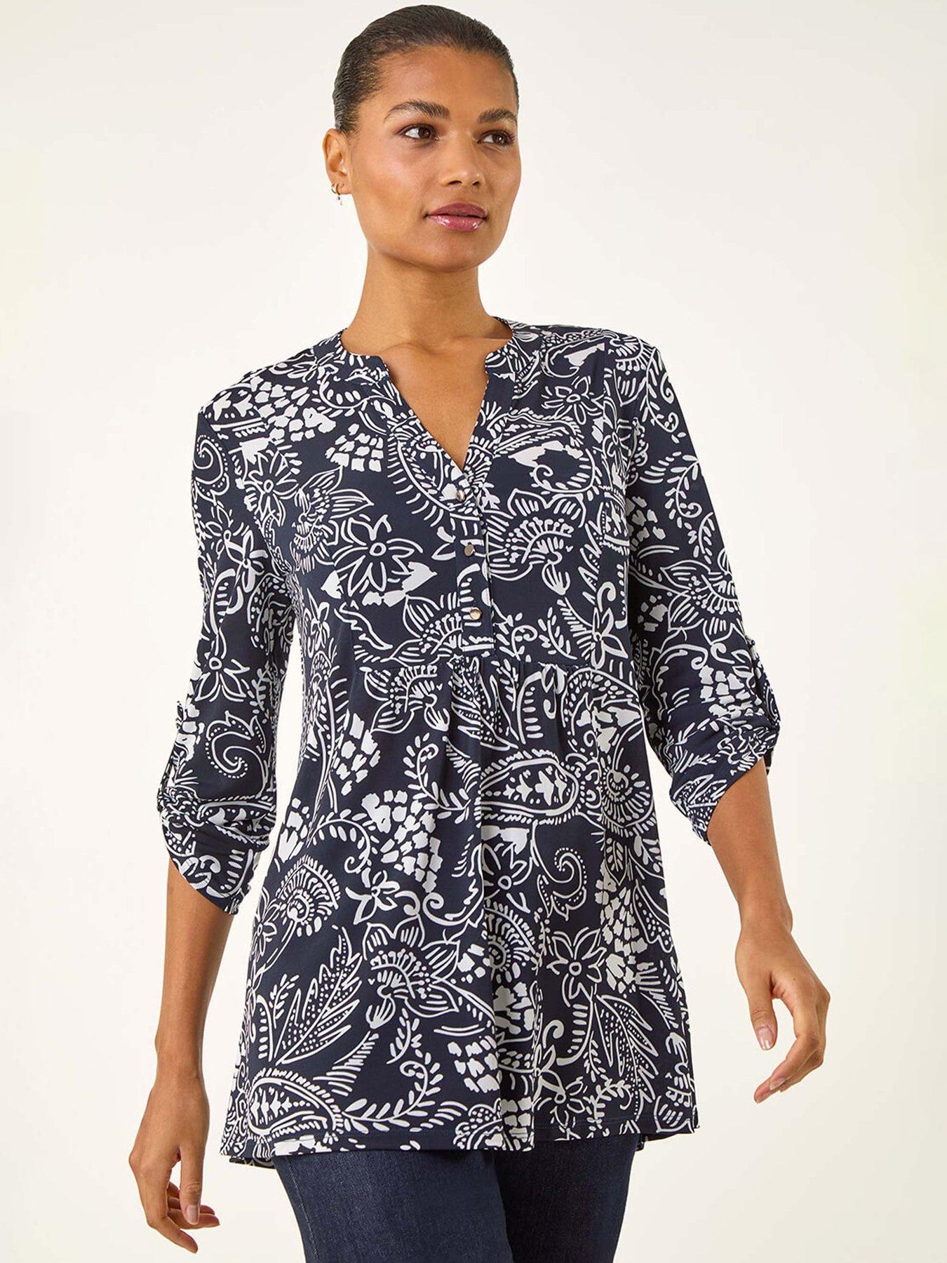 Roman Abstract Print Buttoned Tunic Top - Navy