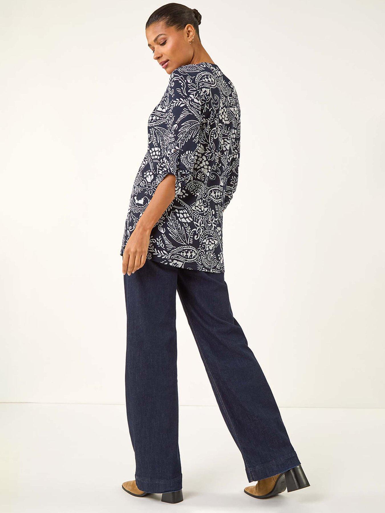 Image 2 of 5 of Roman Abstract Print Buttoned Tunic Top - Navy