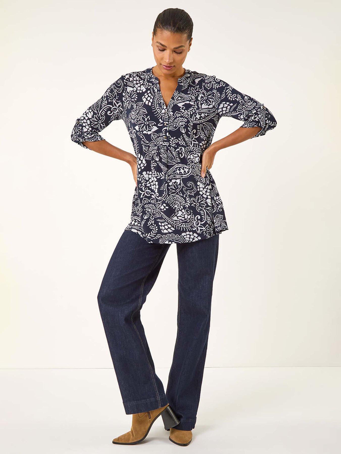 Image 3 of 5 of Roman Abstract Print Buttoned Tunic Top - Navy