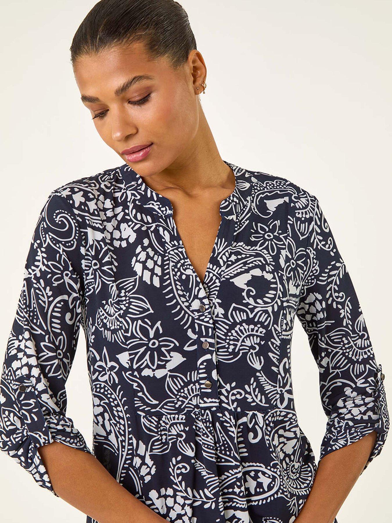 Image 4 of 5 of Roman Abstract Print Buttoned Tunic Top - Navy