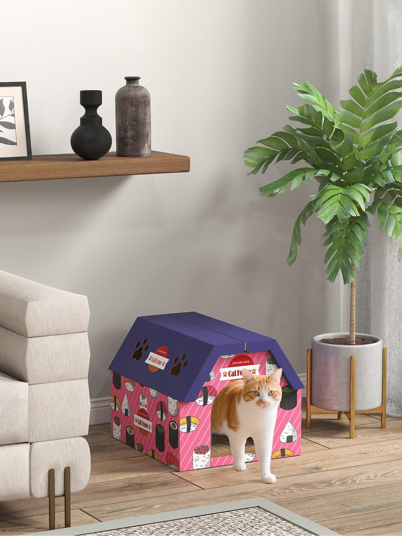 PawHut 2-in-1 Cat Scratching Board House with 4 Paw-Shaped Vents, Pink
