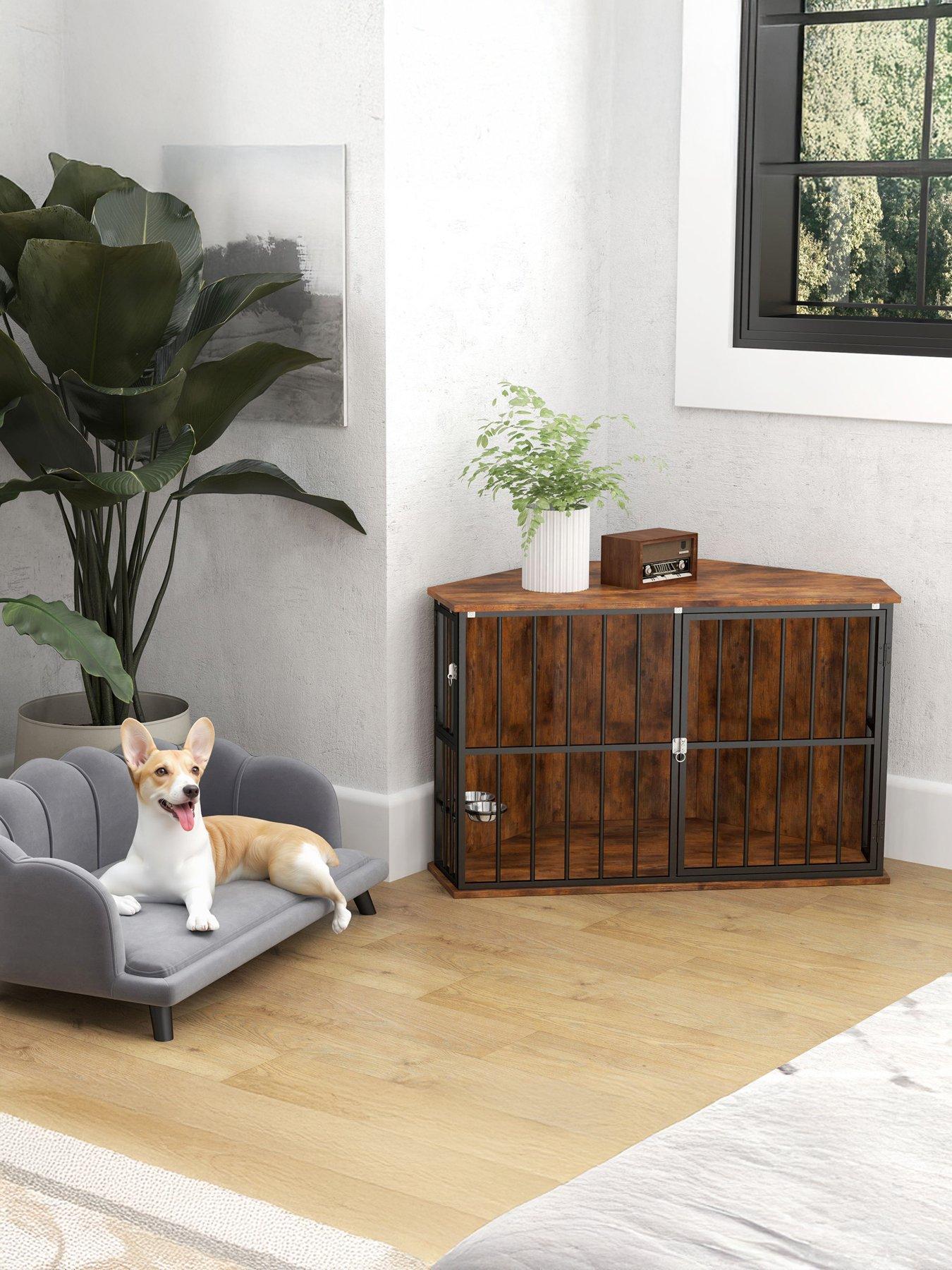PawHut Corner Dog Crate Furniture with 2 Bowls for Small & Medium Dogs