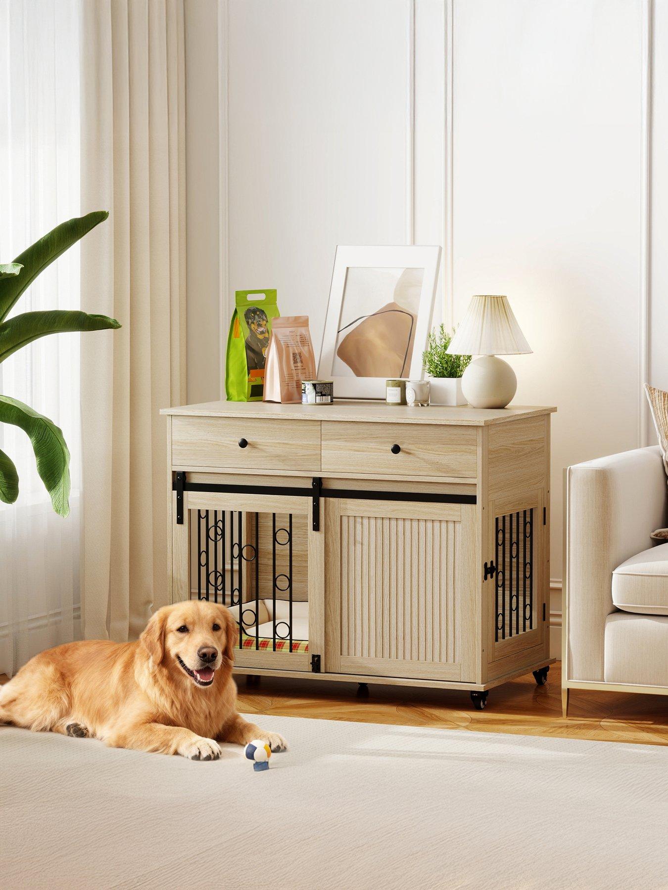 pawhut-dog-crate-furniture-dog-cage-w-wheels-2-drawers-sliding-door-oak