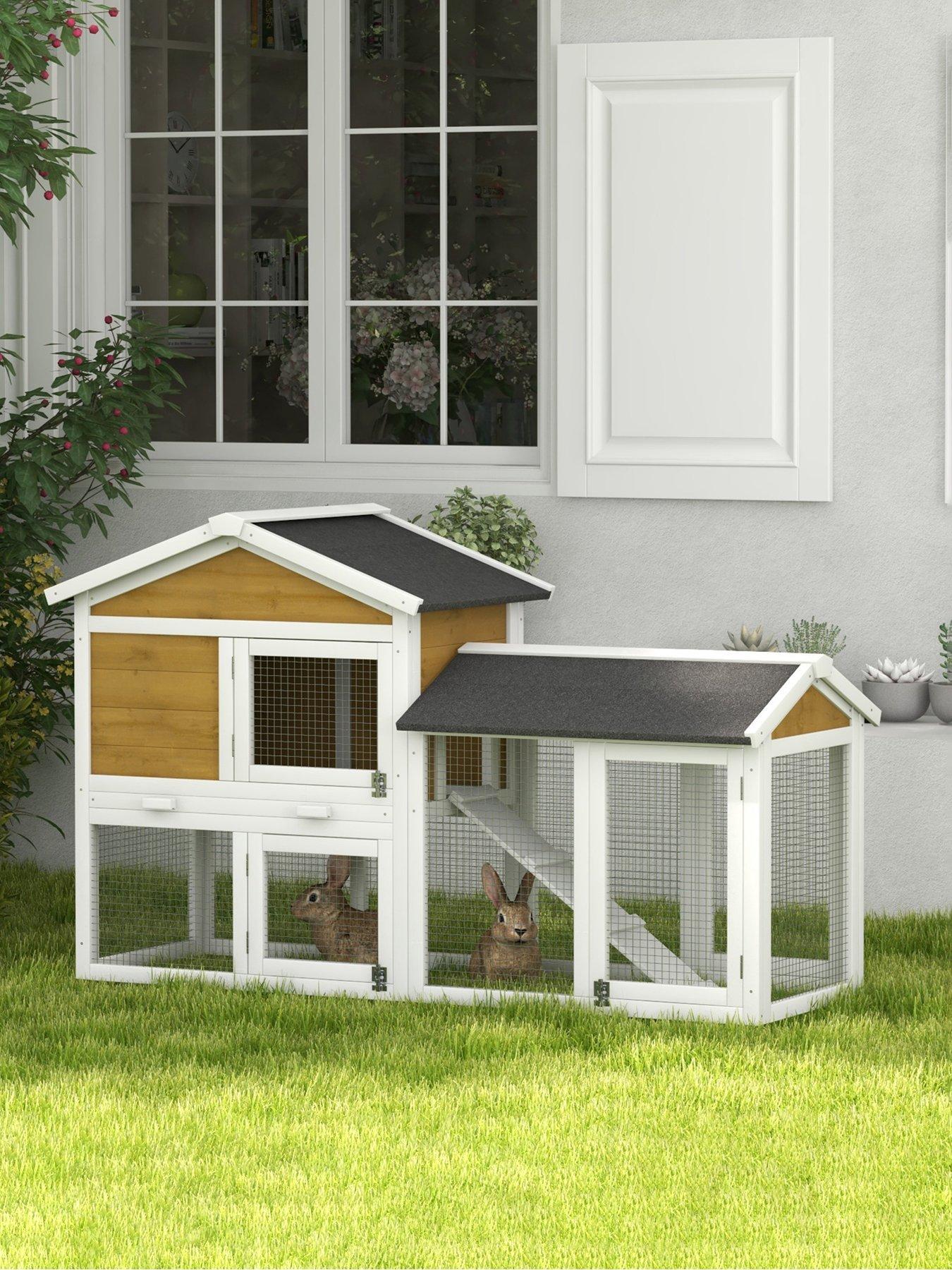 PawHut Rabbit Hutch, Guinea Pig Hutch Outdoor Double Tier w/ Ramp, Yellow