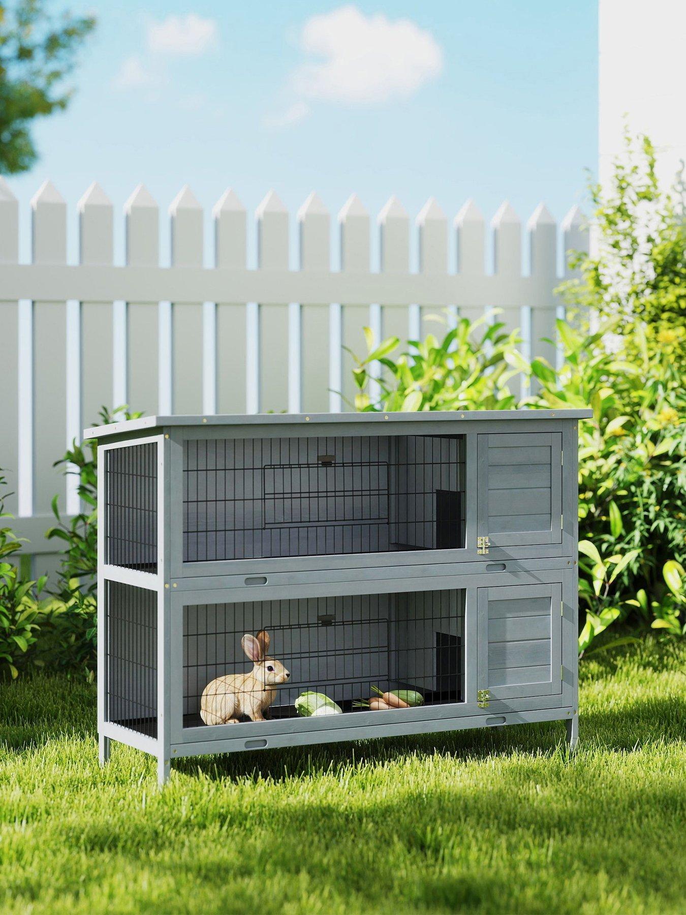 PawHut Rabbit Hutch, Guinea Pig Hutch with No-Leak Trays & Divider, Grey