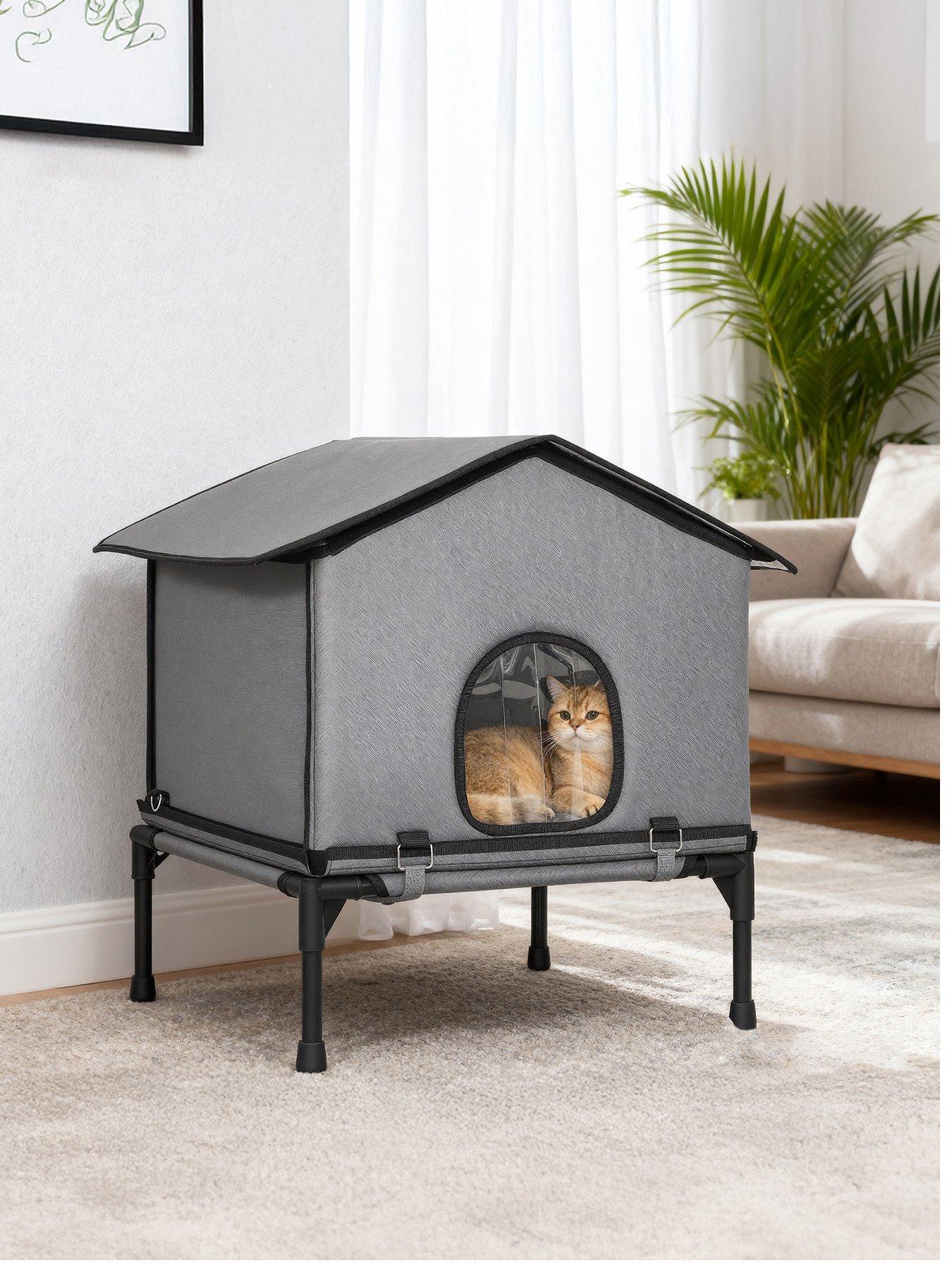 pawhut-outdoor-cat-house-cat-shelter-with-elevated-base-greystillFront