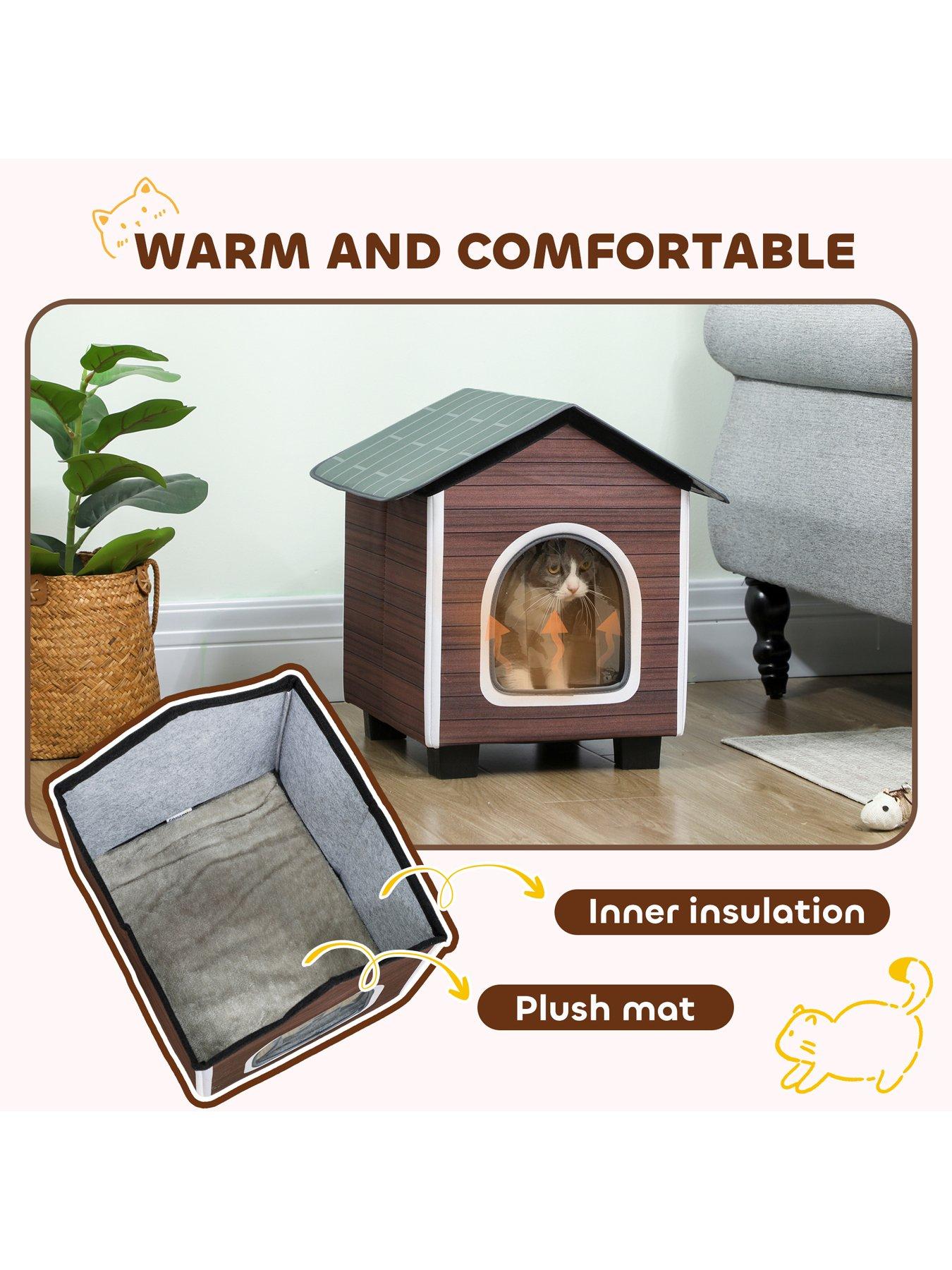 Image 3 of 6 of PawHut Outdoor Cat House with Elevated Base, Cushion, Red-brown
