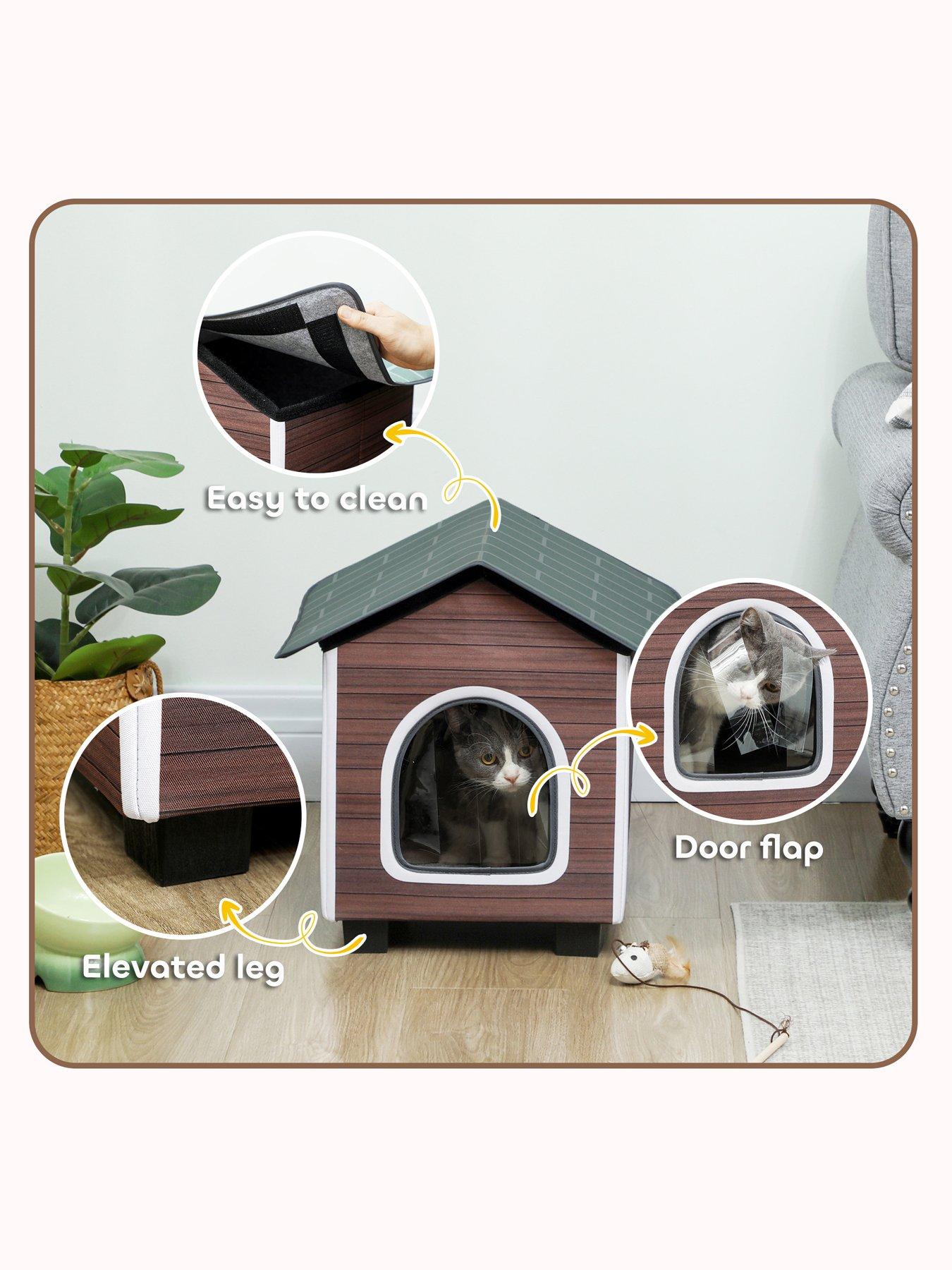 Image 4 of 6 of PawHut Outdoor Cat House with Elevated Base, Cushion, Red-brown