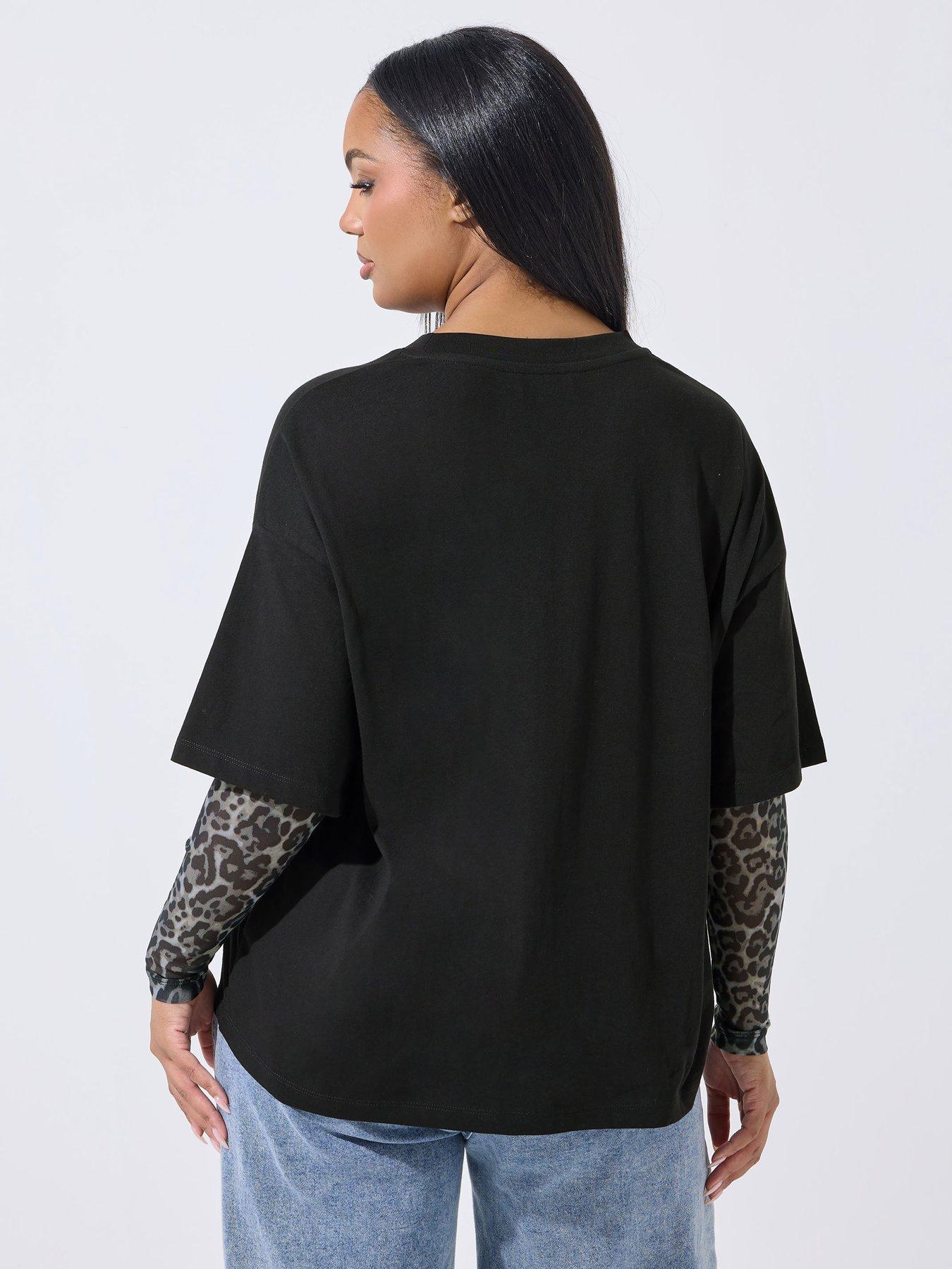Image 2 of 5 of Yours Curve Leopard Mesh Insert Leopard T-Shirt - Black