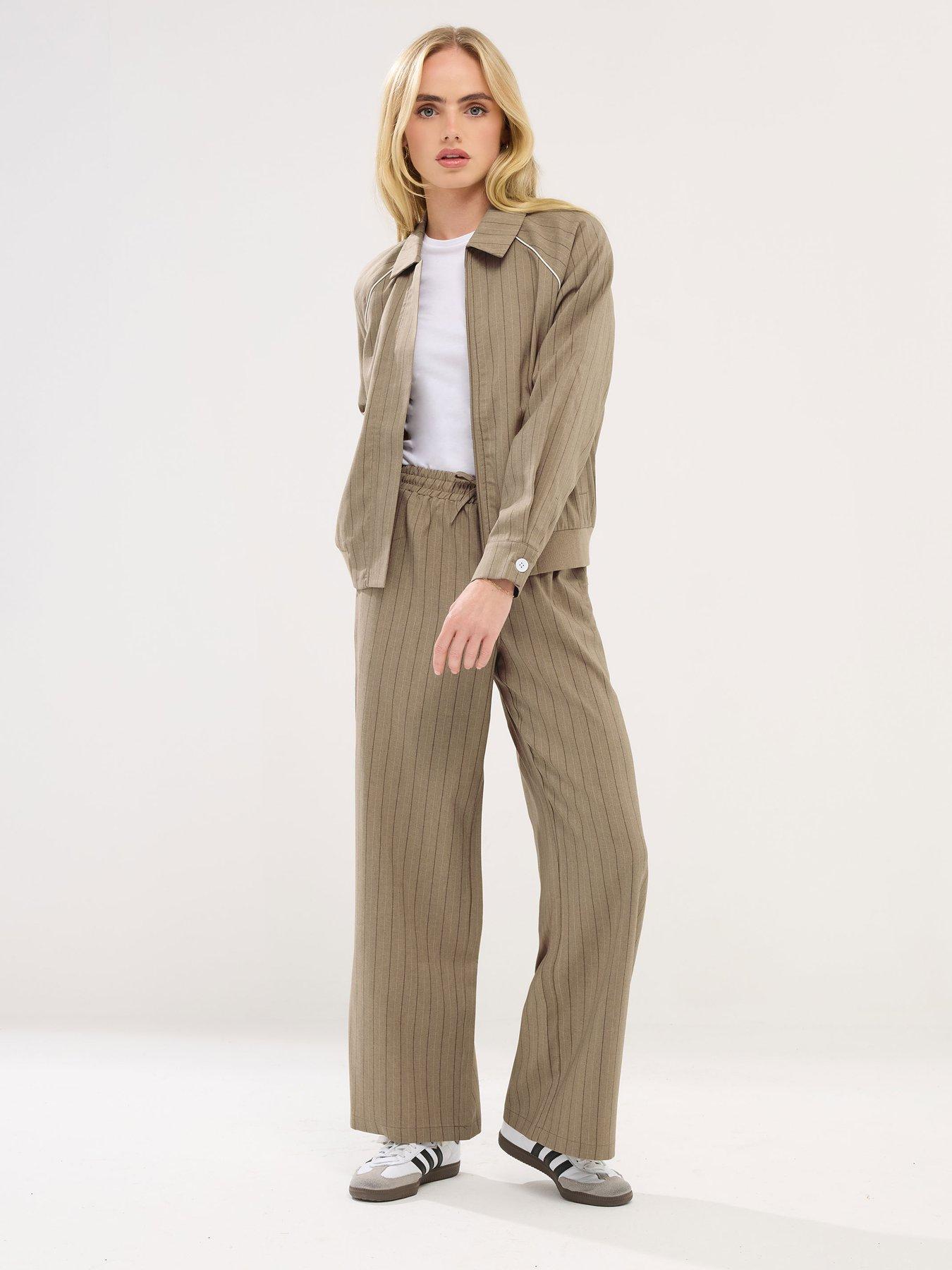 Image 3 of 4 of PixieGirl Petite Stripe Pull On Wide Leg Trouser - Natural Brown