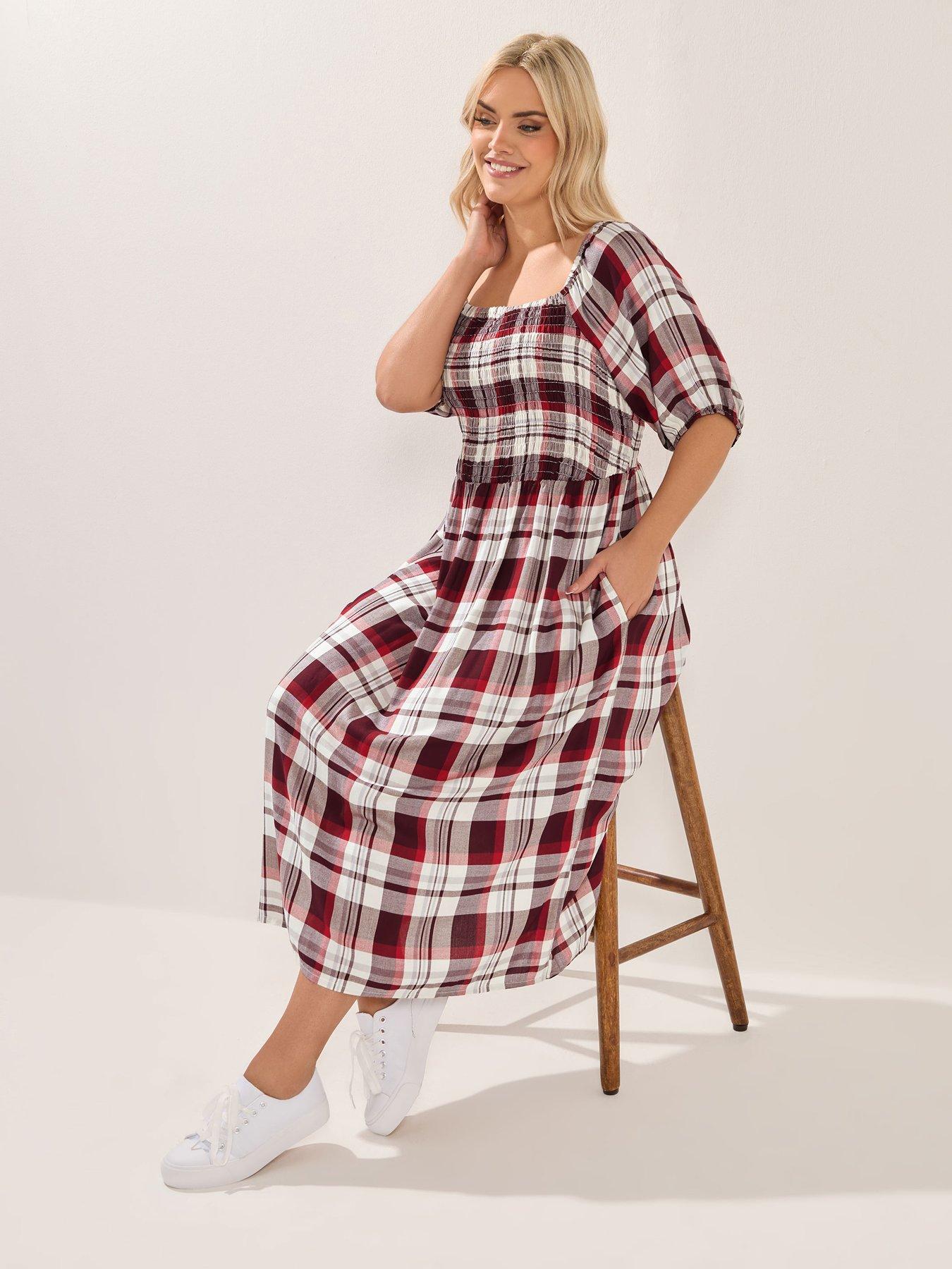 yours-curve-shirred-square-neck-check-dressfront