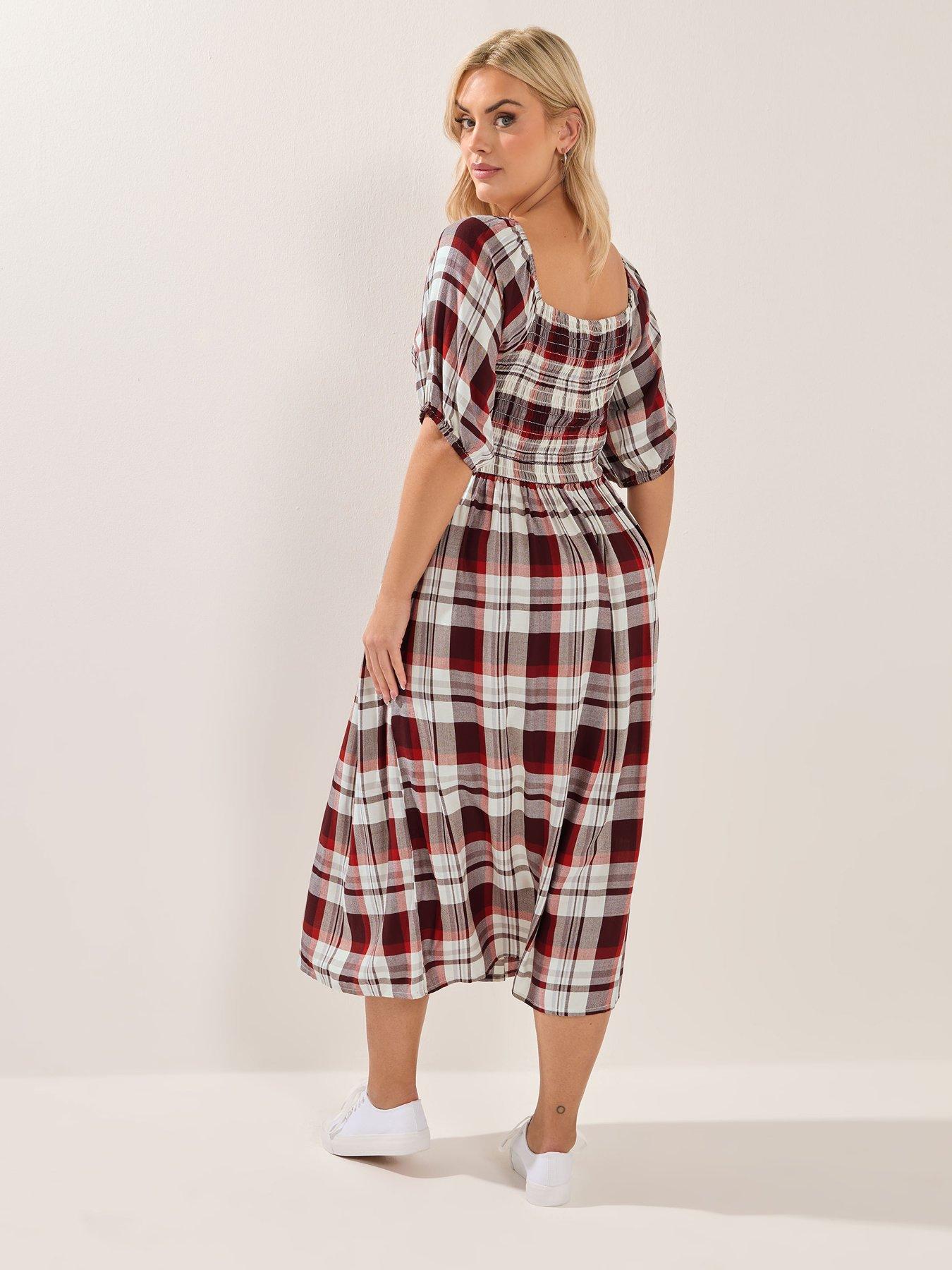 yours-curve-shirred-square-neck-check-dressstillFront