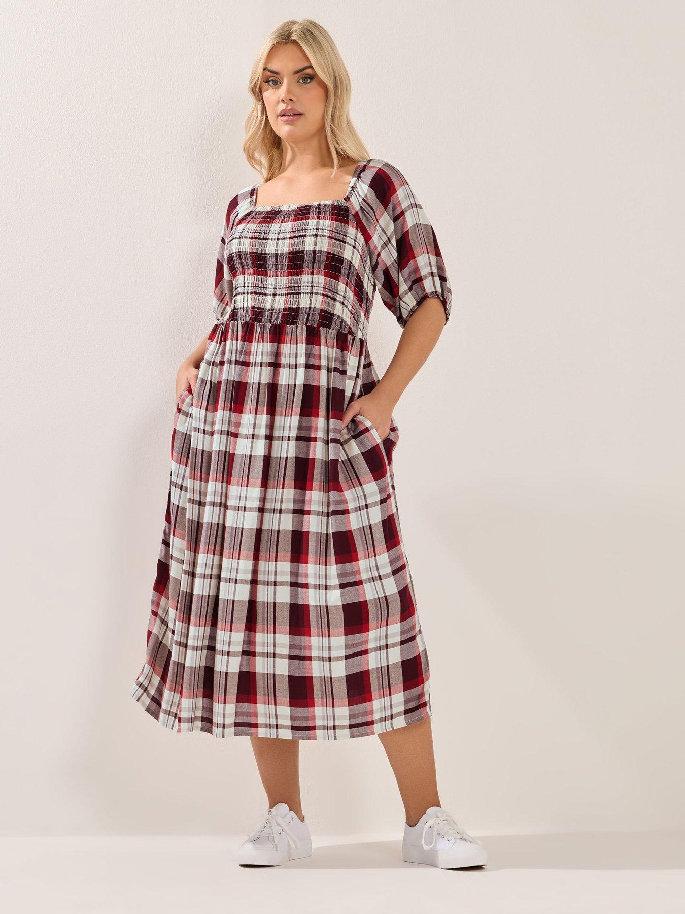 yours-curve-shirred-square-neck-check-dressback