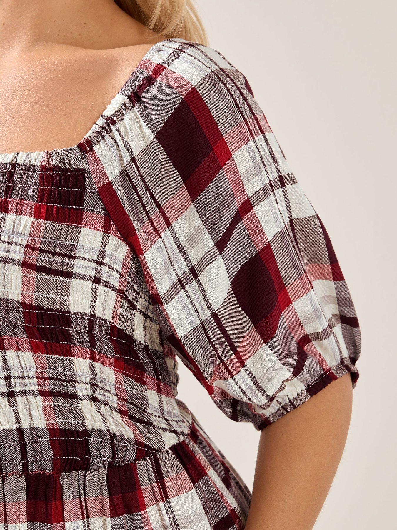 yours-curve-shirred-square-neck-check-dressoutfit