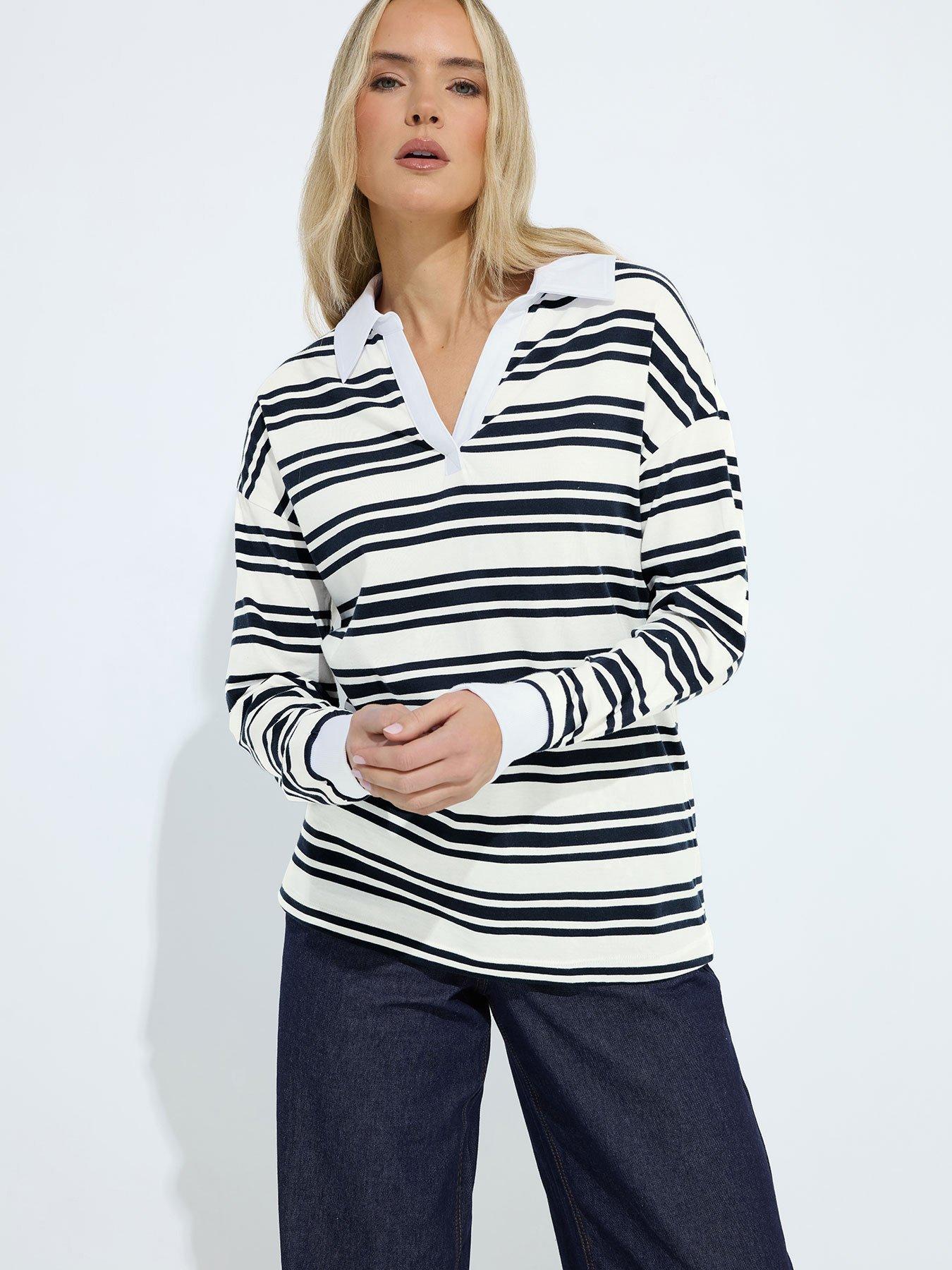 Image 1 of 5 of Long Tall Sally Oversized Long Sleeve Placket Polo Top - White