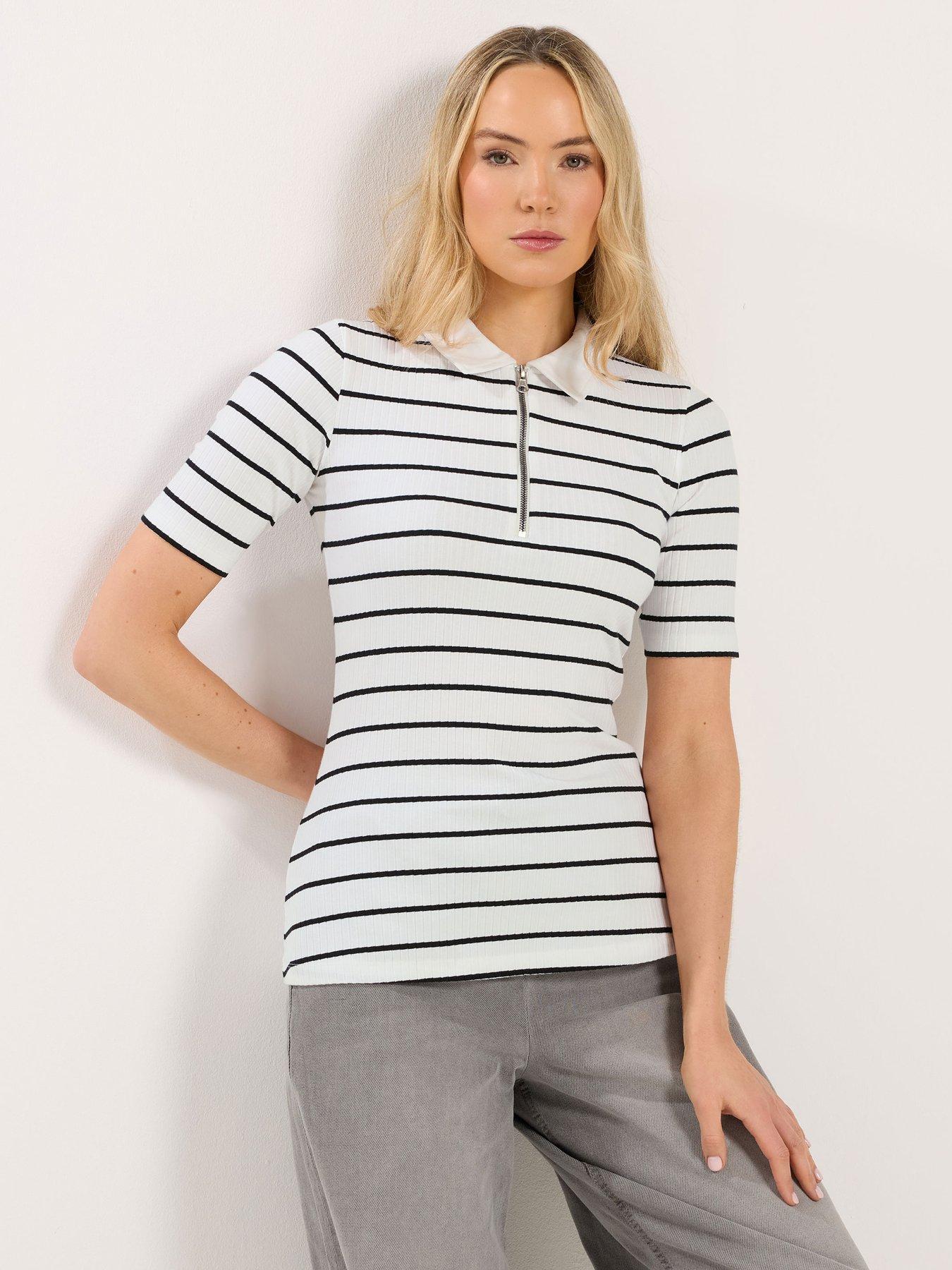 Long Tall Sally Tall Zip Neck Stripe Ribbed T-Shirt