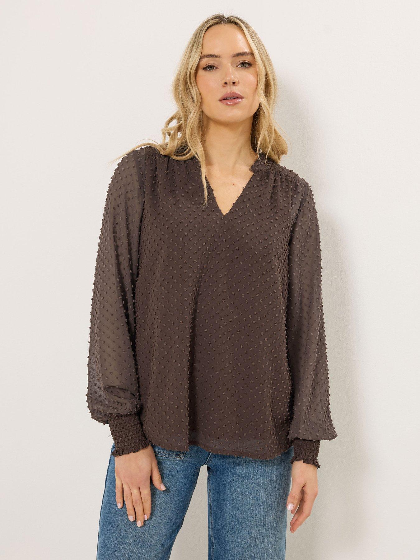 long-tall-sally-tall-dobby-spot-shirred-cuff-top-brown