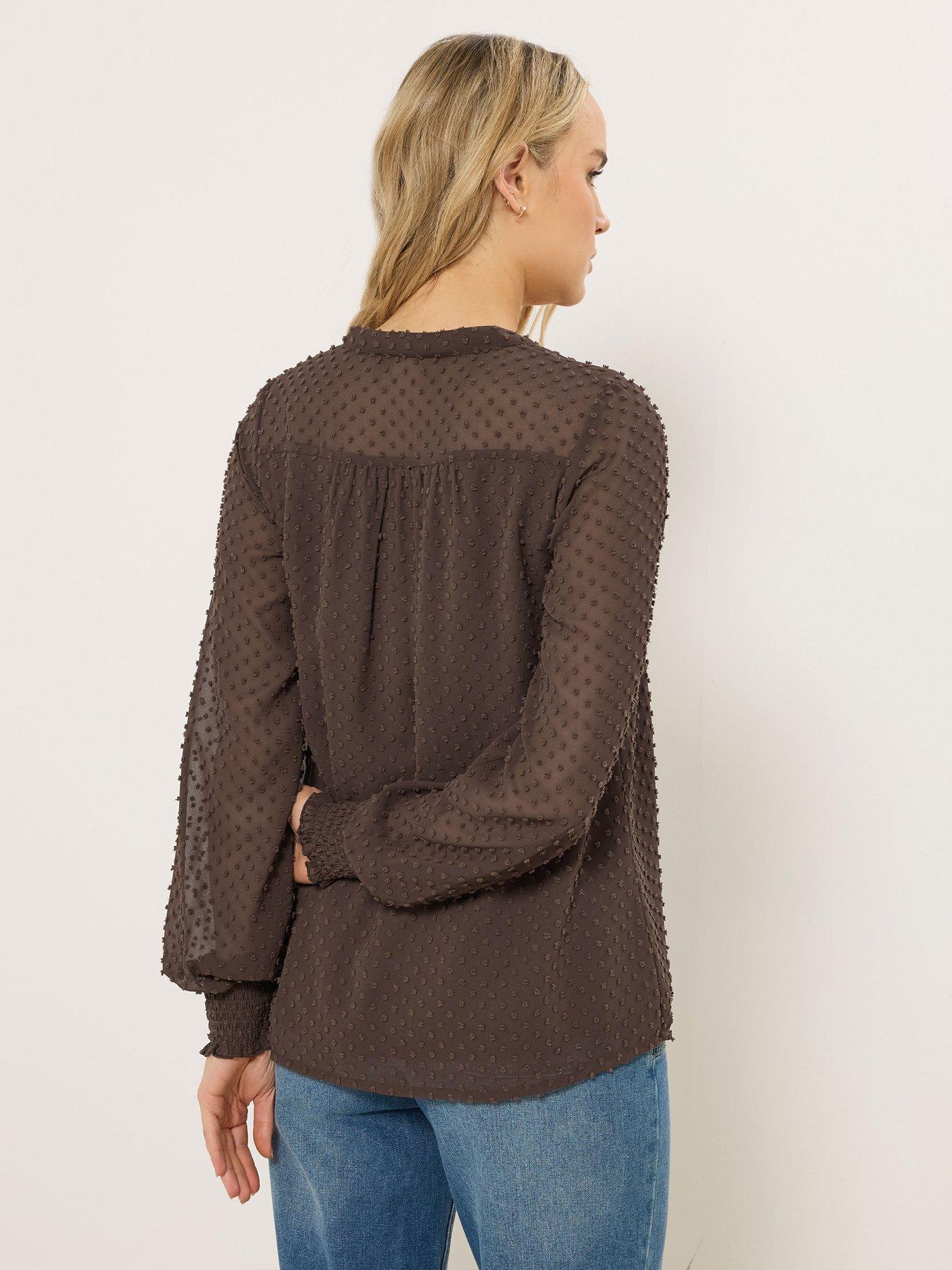 Image 2 of 5 of Long Tall Sally Tall Dobby Spot Shirred Cuff Top - Brown