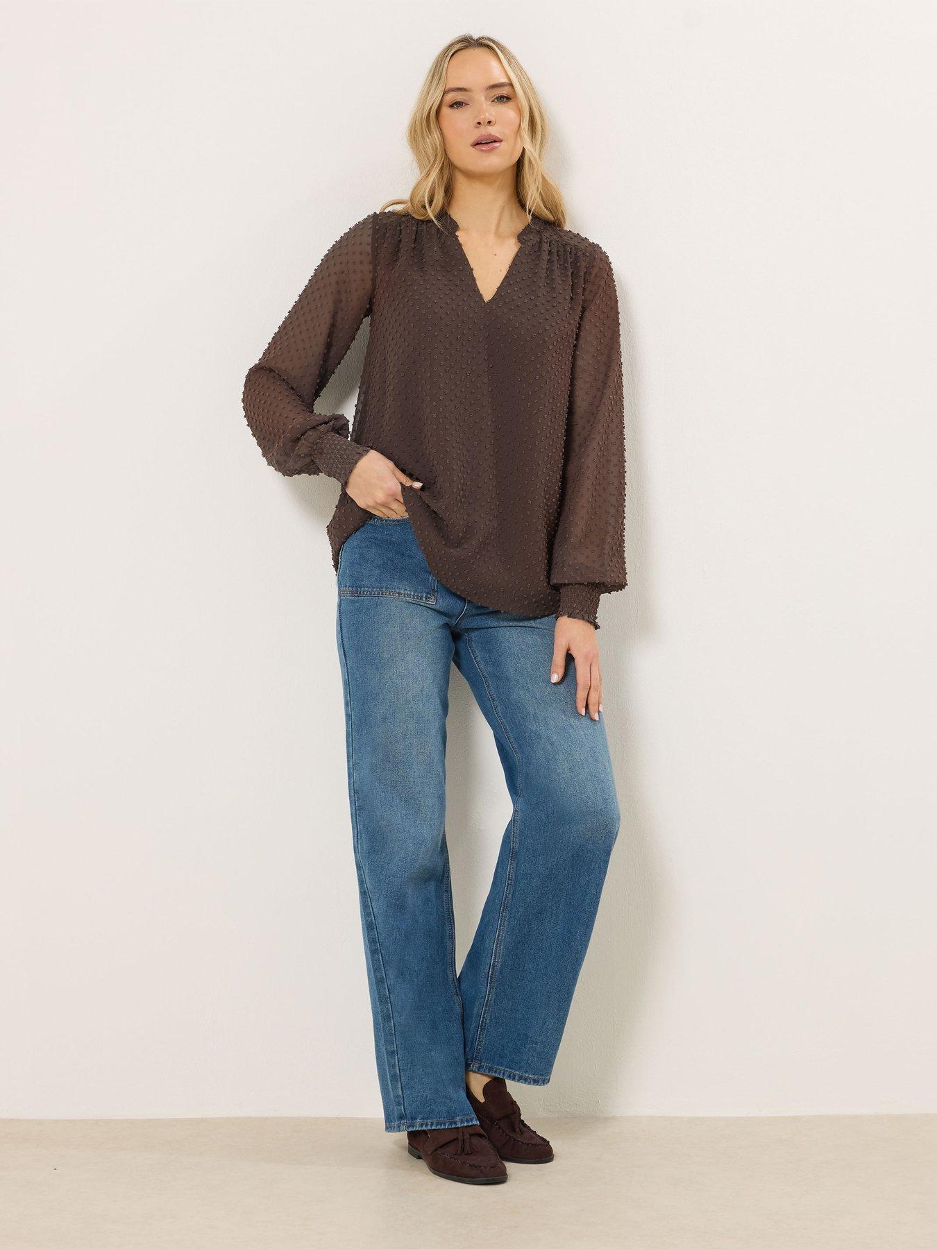 Image 3 of 5 of Long Tall Sally Tall Dobby Spot Shirred Cuff Top - Brown