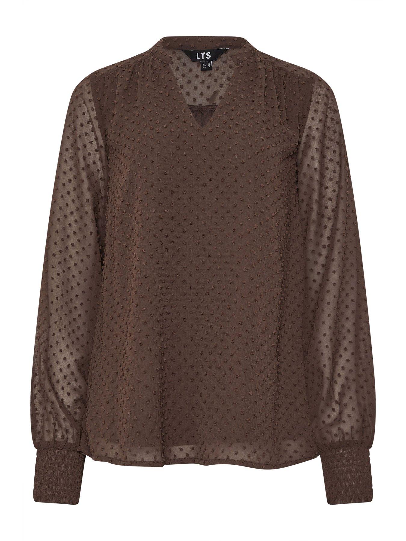 Image 5 of 5 of Long Tall Sally Tall Dobby Spot Shirred Cuff Top - Brown