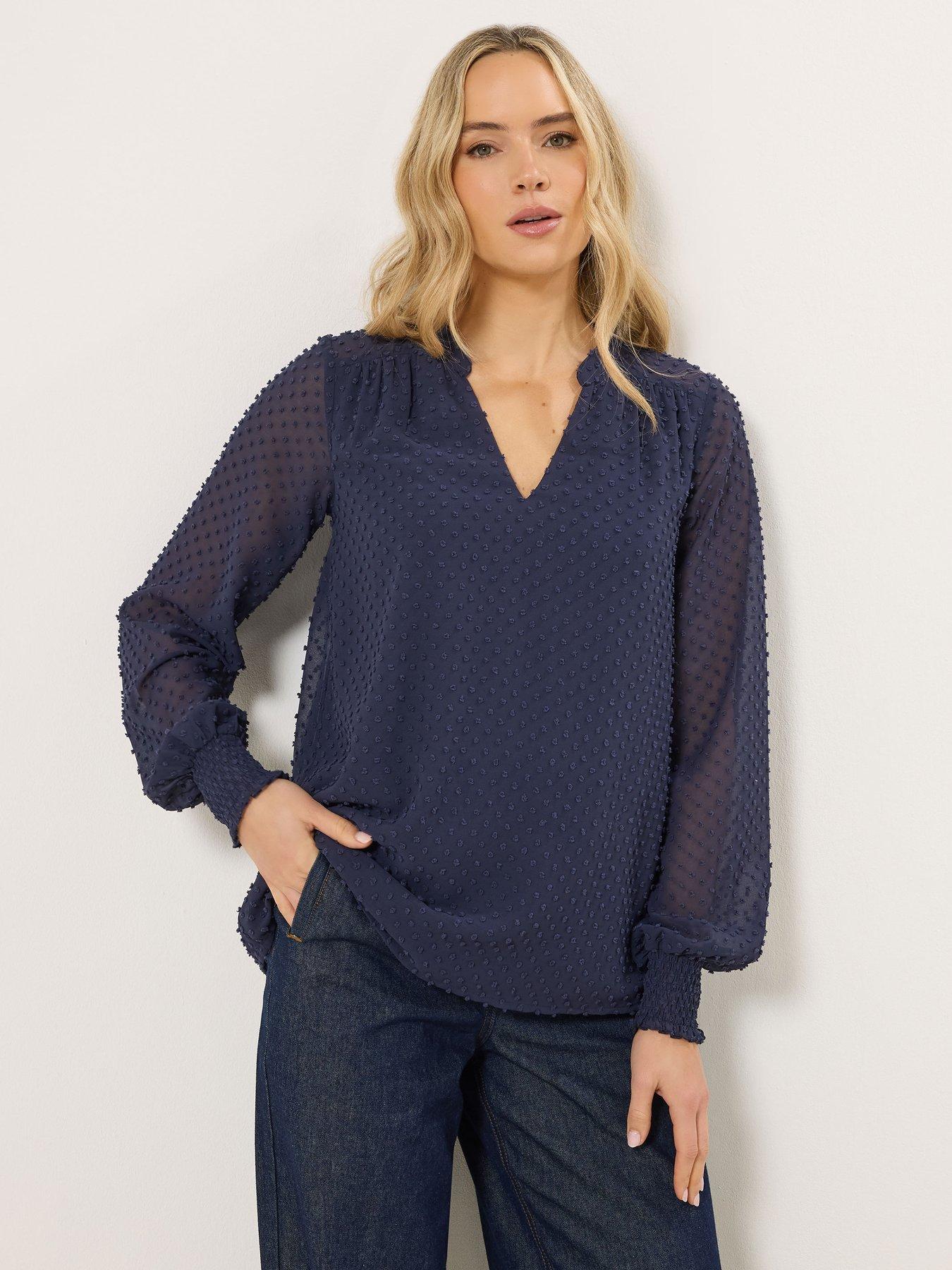 Image 1 of 5 of Long Tall Sally Tall Dobby Spot Shirred Cuff Top - Blue