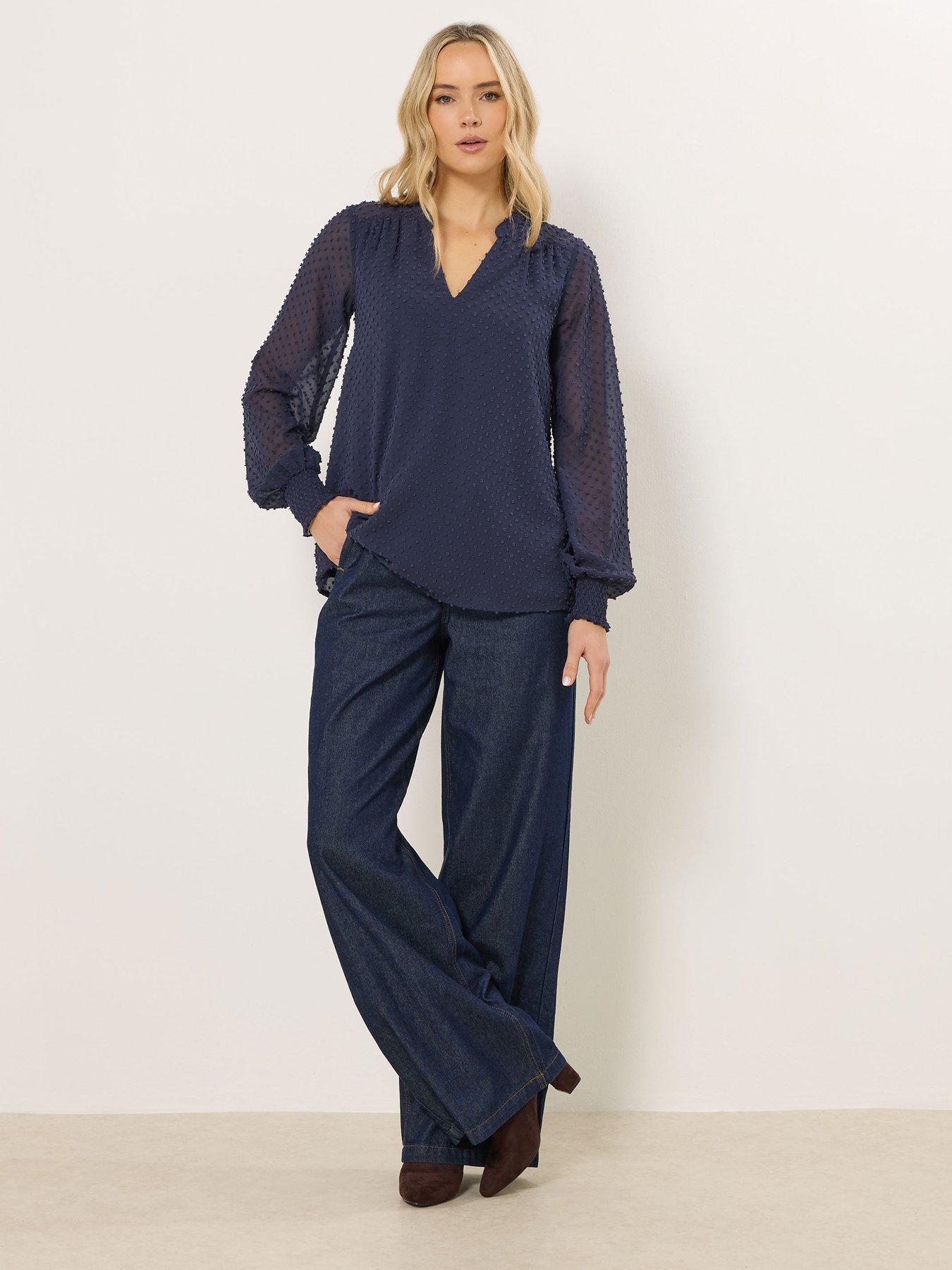 Image 3 of 5 of Long Tall Sally Tall Dobby Spot Shirred Cuff Top - Blue
